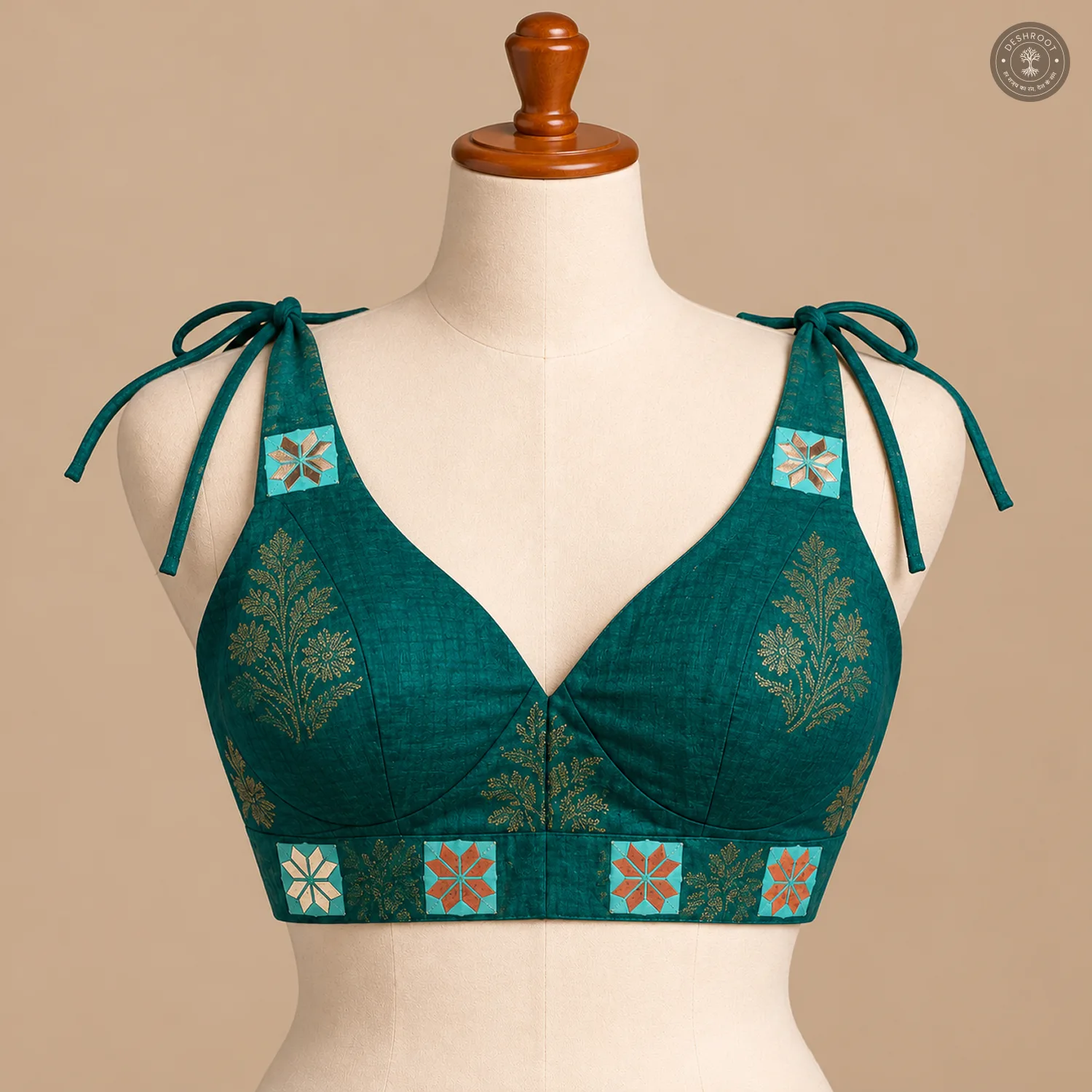 Teal Pure Dola Silk Blouse with Handcrafted Vintage Mirror Work