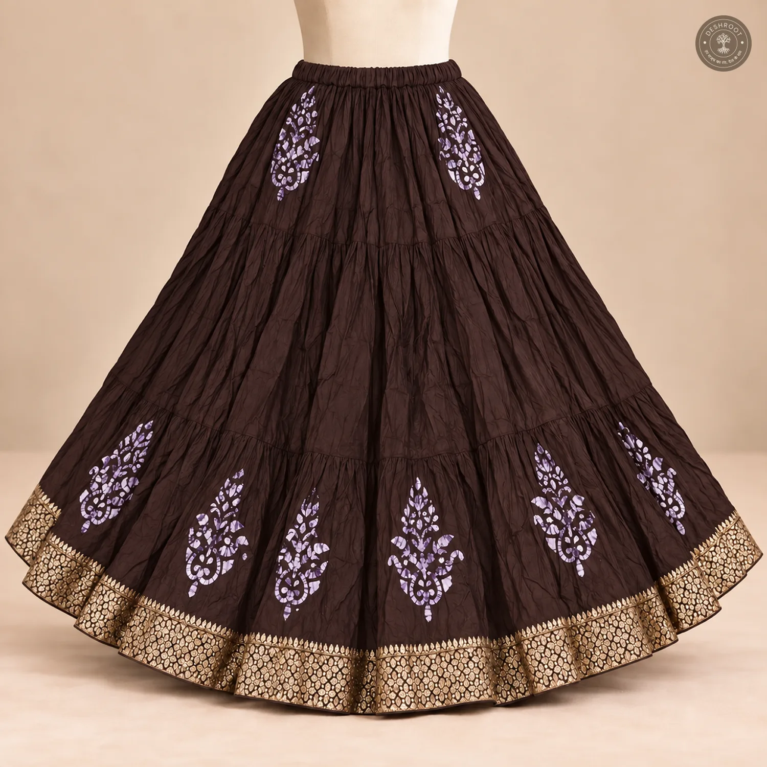 Brown Dola Silk Chaniya Ghagra with Floral Motifs & Golden Border