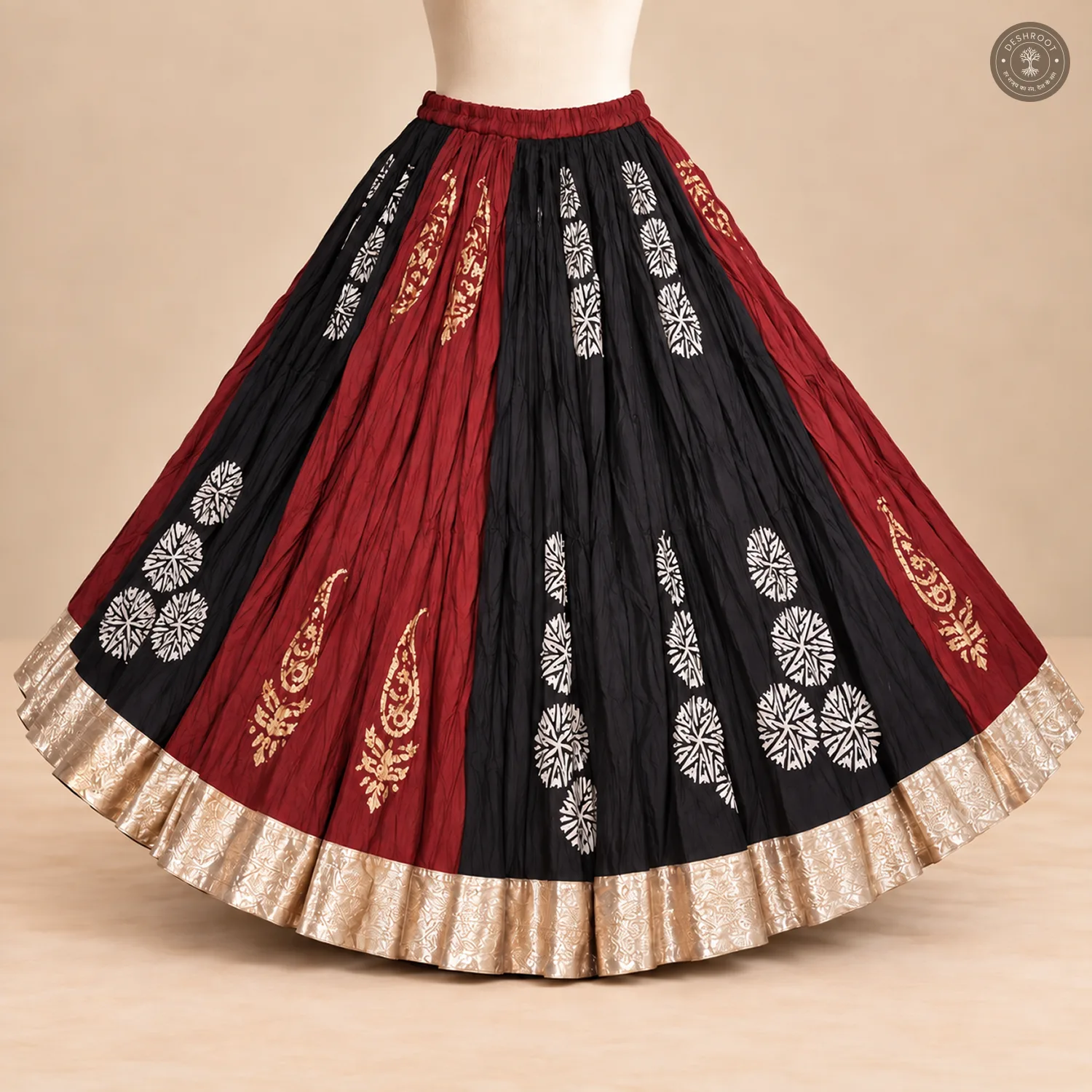 Red & Black Dola Silk Chaniya Ghagra with Printed Motifs & Golden Border