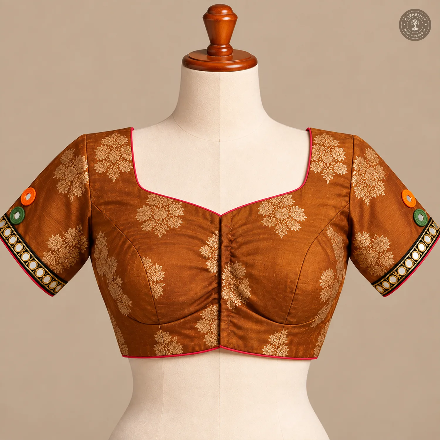 Rust Brown Dola Silk Blouse with Handcrafted Mirror Work