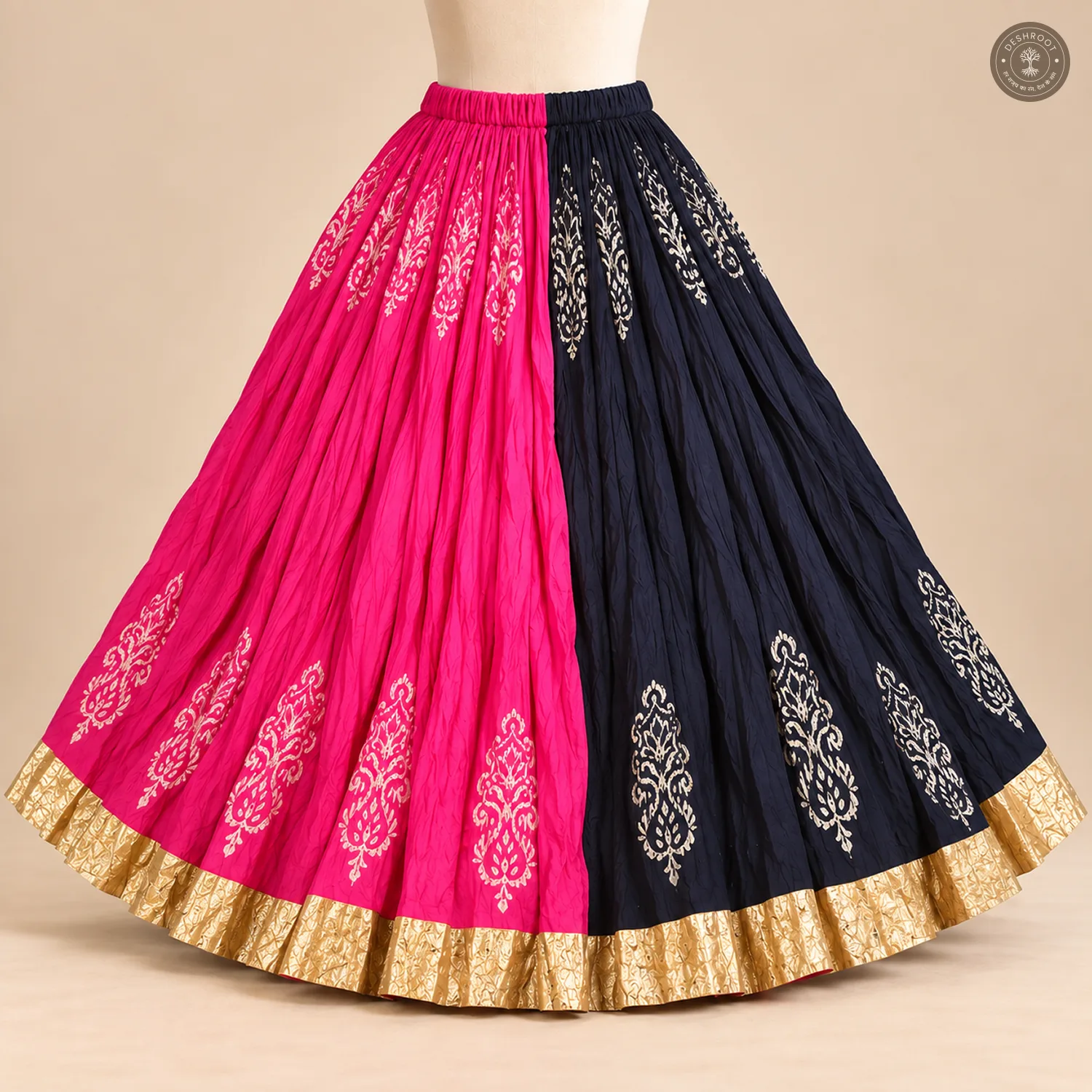 Pink Navy Dual-Tone Dola Silk Chaniya Ghagra