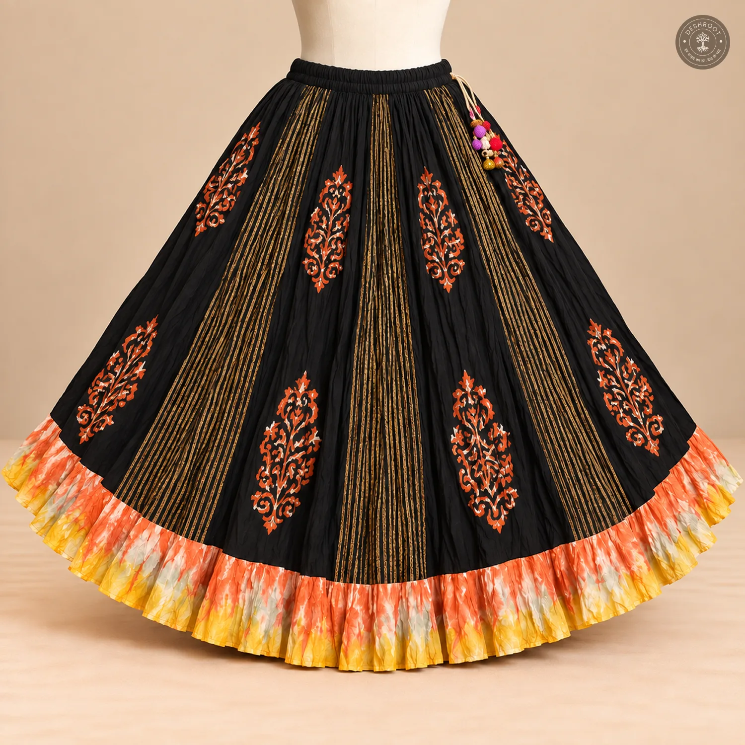 Black Dola Silk Chaniya Ghagra with Orange Motifs & Multicolour Flared Border