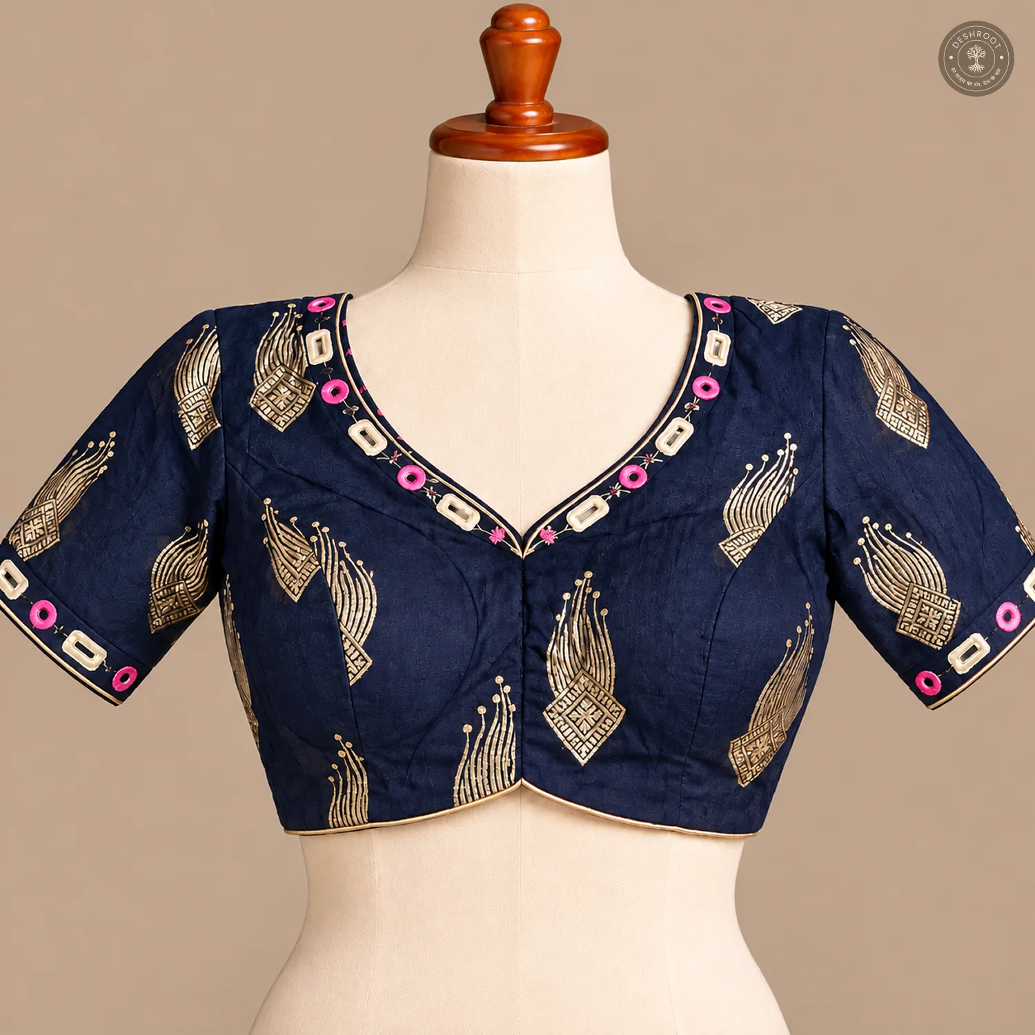 Navy Blue Pure Dola Silk Blouse with Hand Mirror Work
