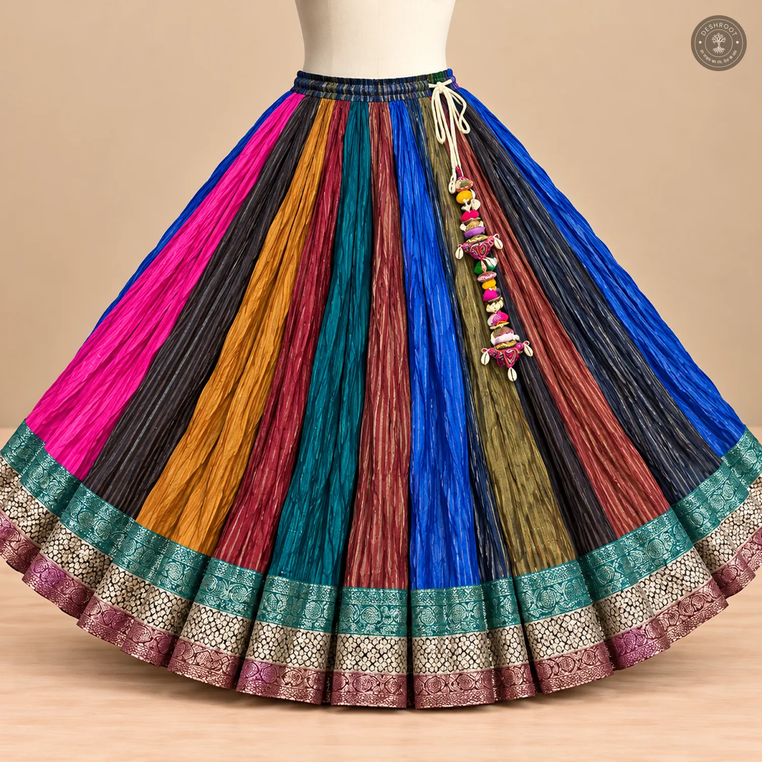 Multicolour Dola Silk Chaniya Ghagra with Decorative Border & Tassel Detailing