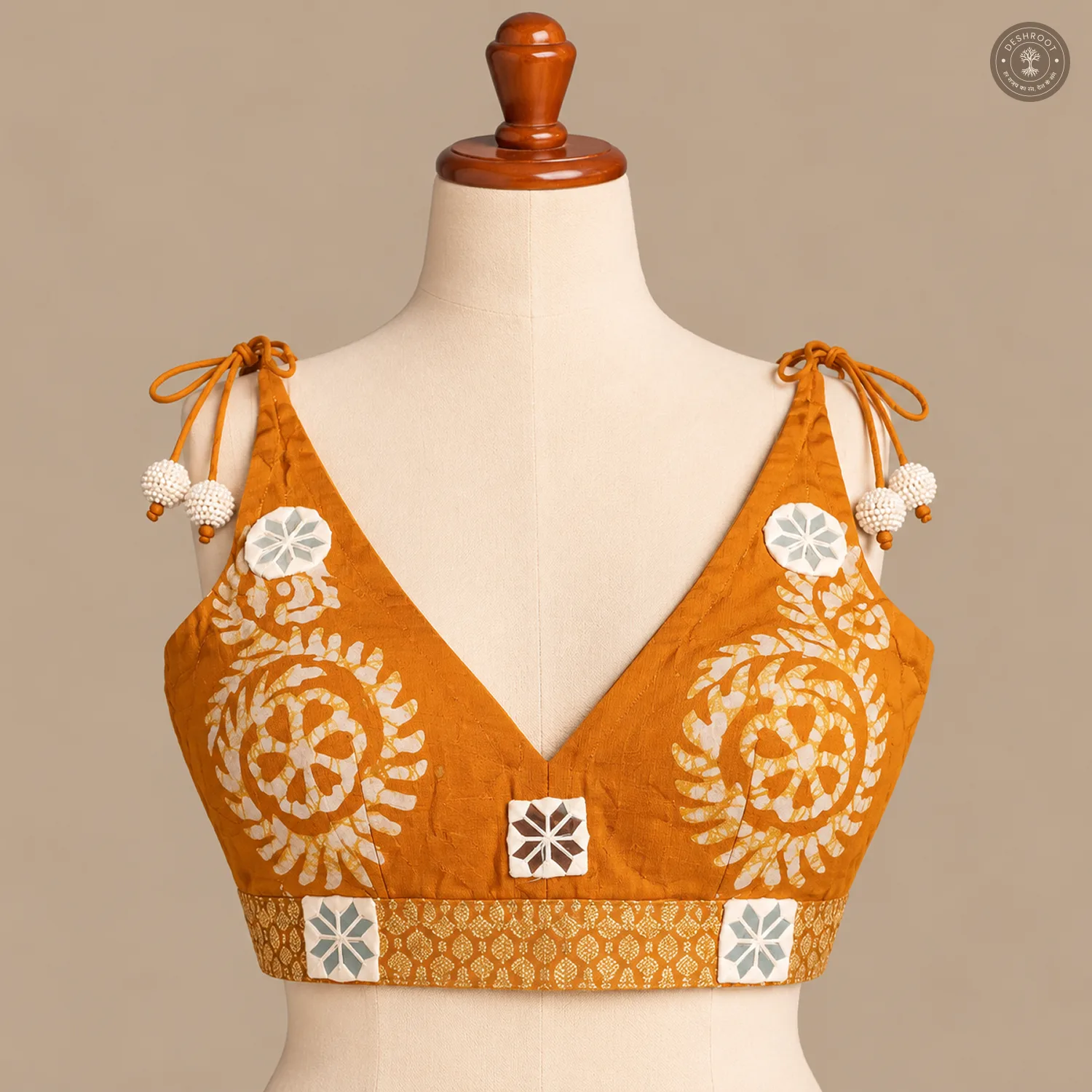 Mustard Orange Pure Dola Silk Blouse with Hand Mirror Patchwork