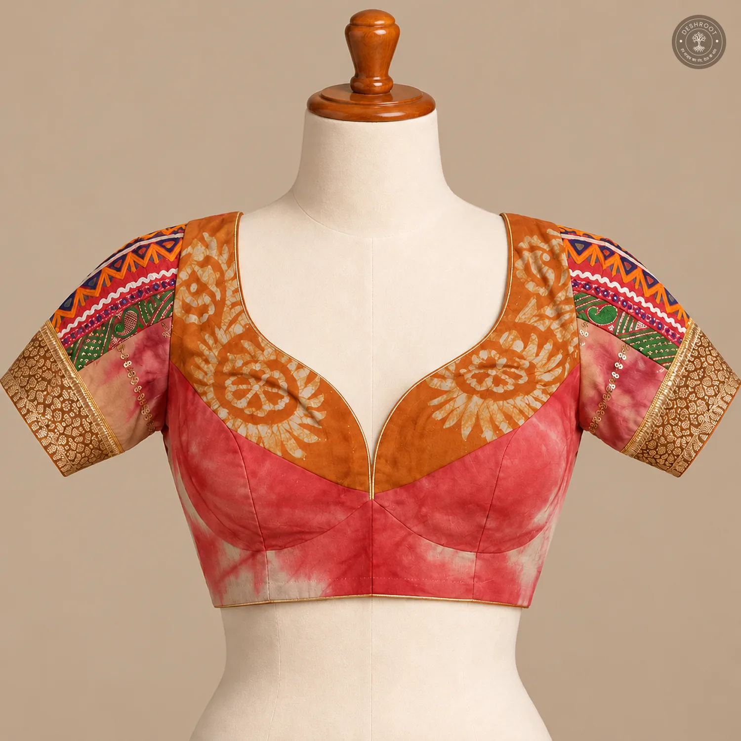 Coral Pink & Orange Pure Dola Silk Blouse with Printed Panel Detailing