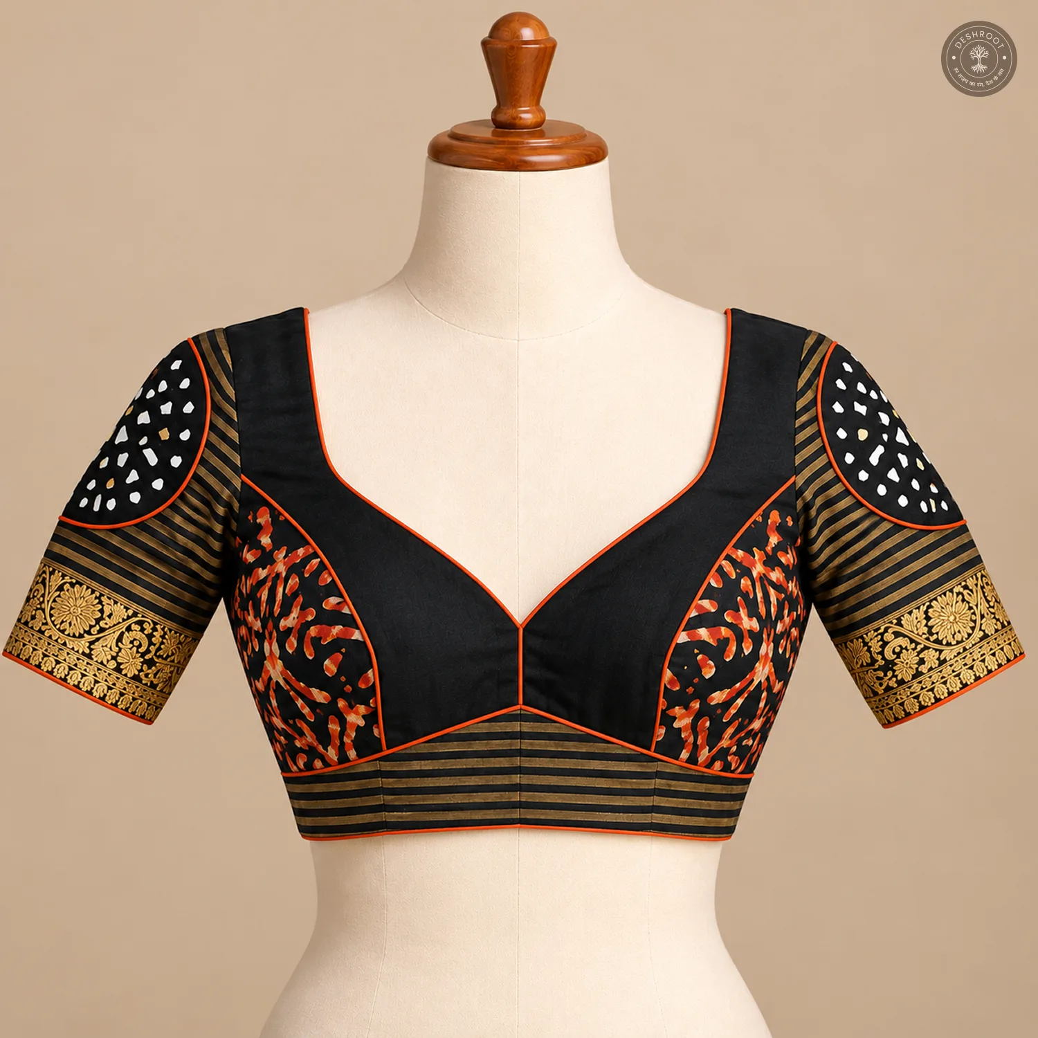 Black & Gold Dola Silk Navratri Choli with Mirror Work & Lace Detailing