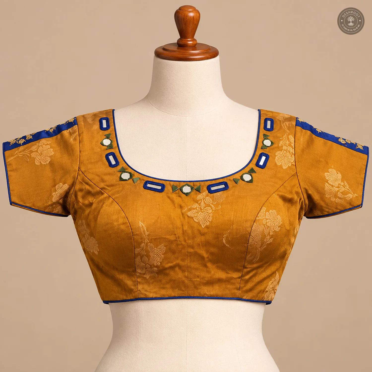 Mustard Gold Dola Silk Navratri Choli with Mirror Work & Patch Detailing