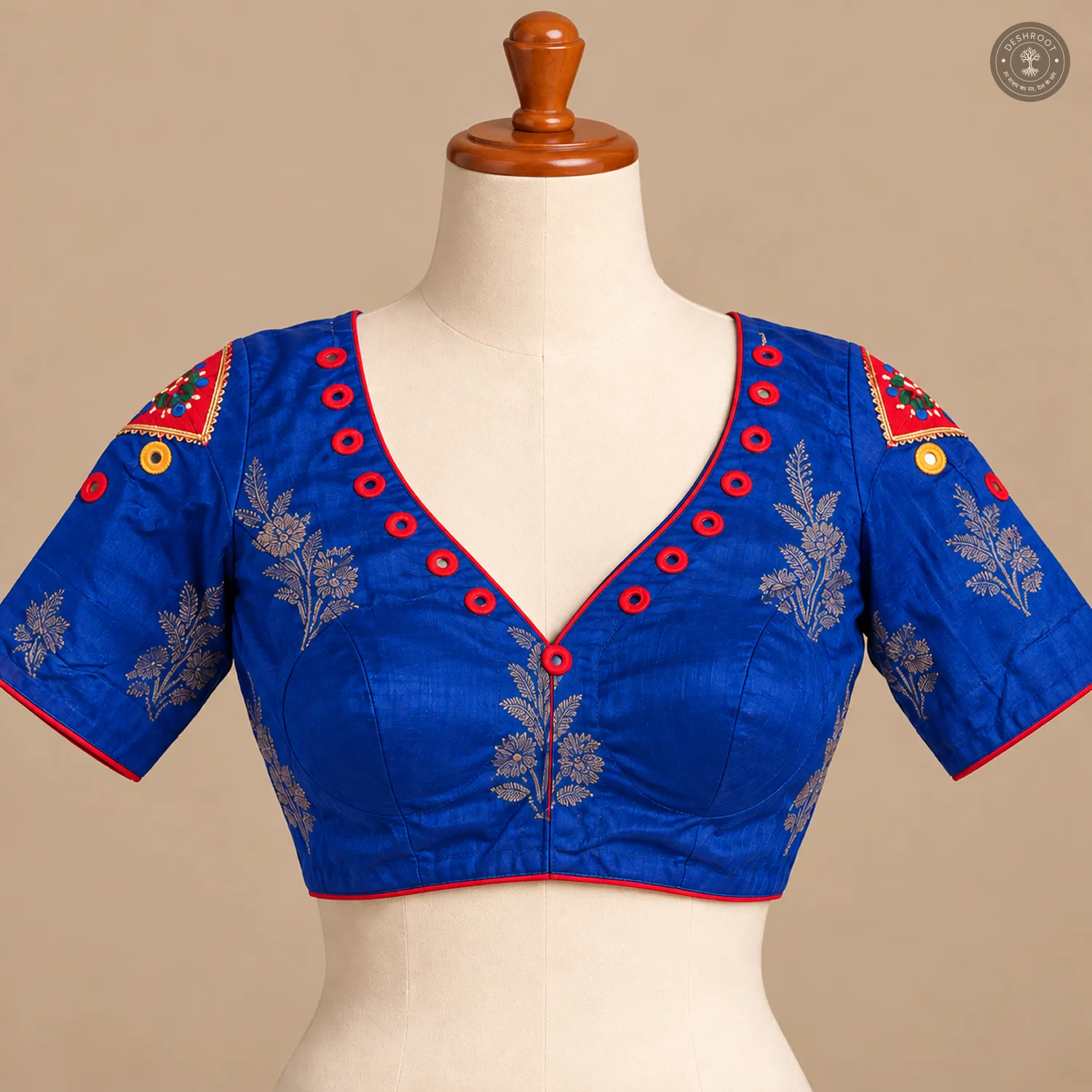 Royal Blue Dola Silk Blouse with Handmade Mirror Patch Work