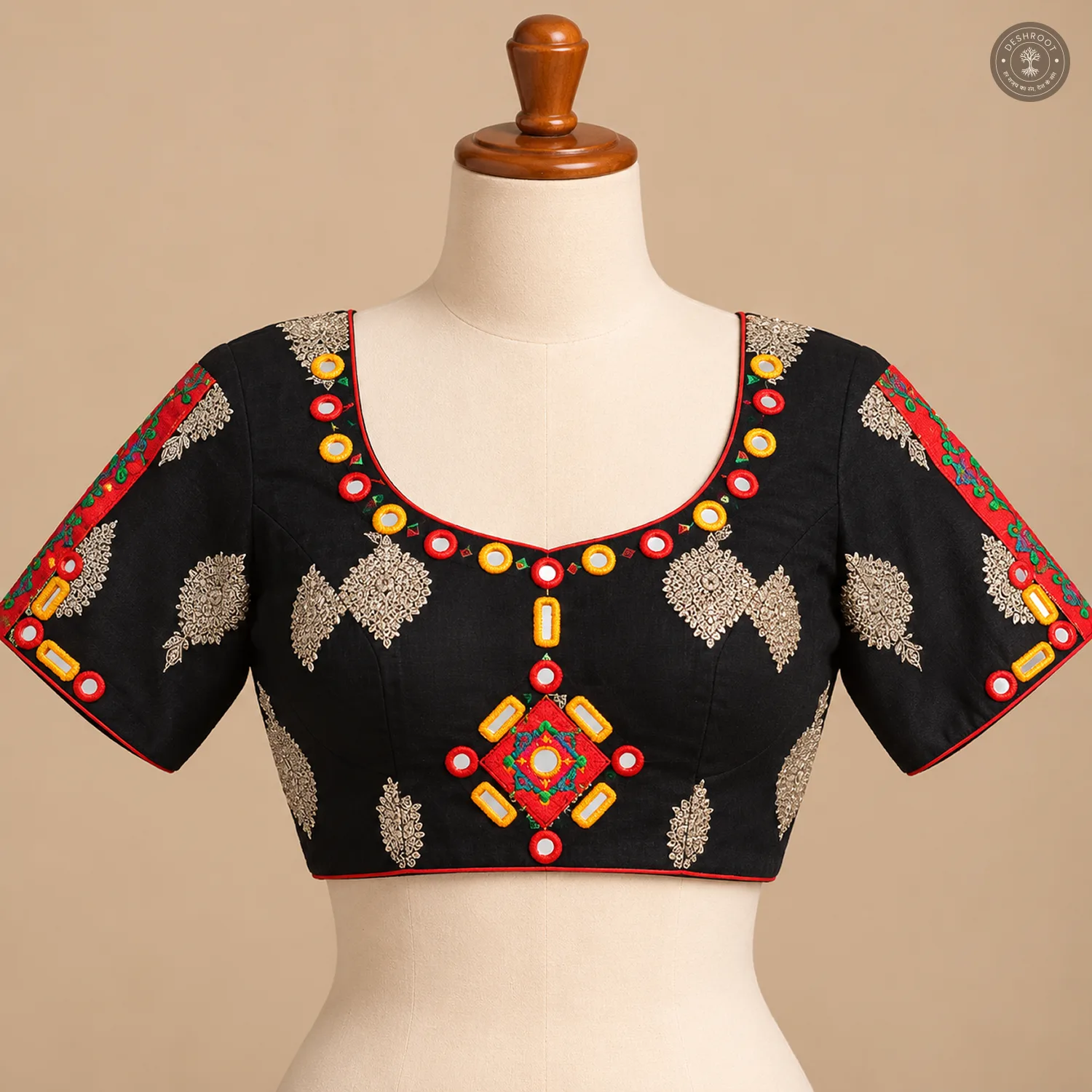 Black Dola Silk Navratri Choli with Hand Mirror Work & Patch Detailing