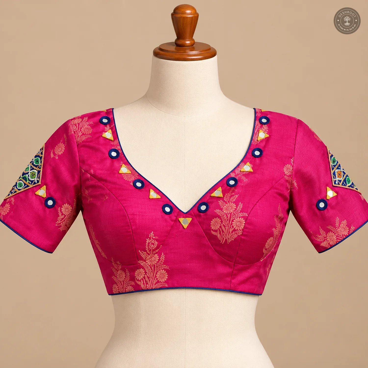 Pink Dola Silk Navratri Choli with Hand Mirror Work & Patch Detailing