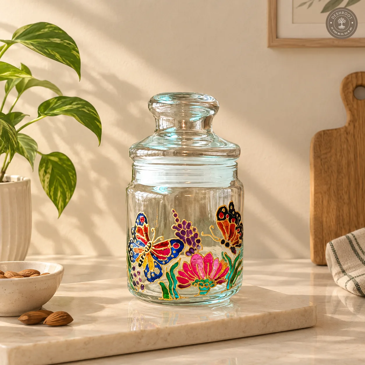 Hand Painted Butterfly & Floral Glass Jar - Airtight Decorative Storage Jar