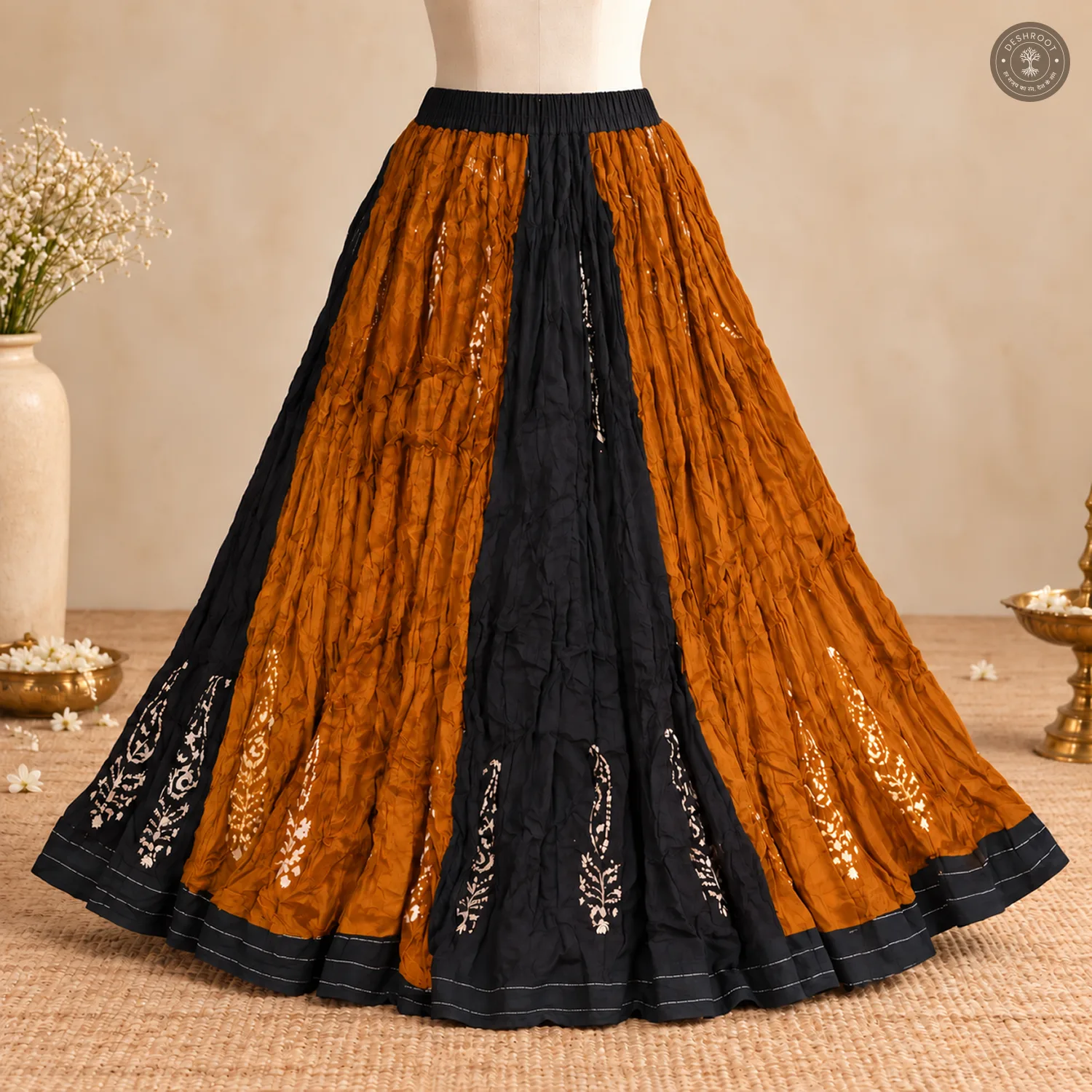 Mustard Black Patchwork Dola Silk Chaniya Ghagra