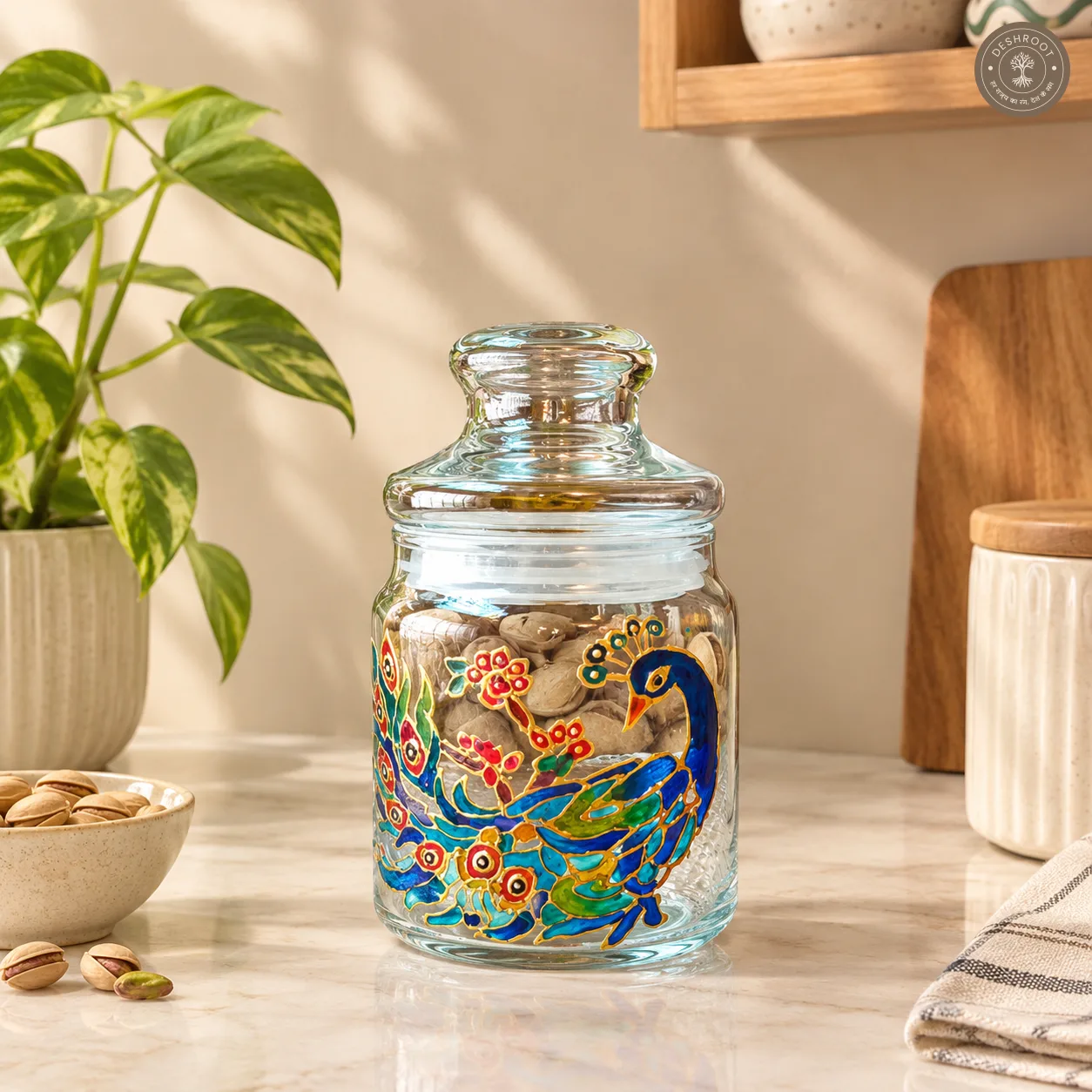 Hand Painted Peacock Glass Jar - Airtight Decorative Storage Jar