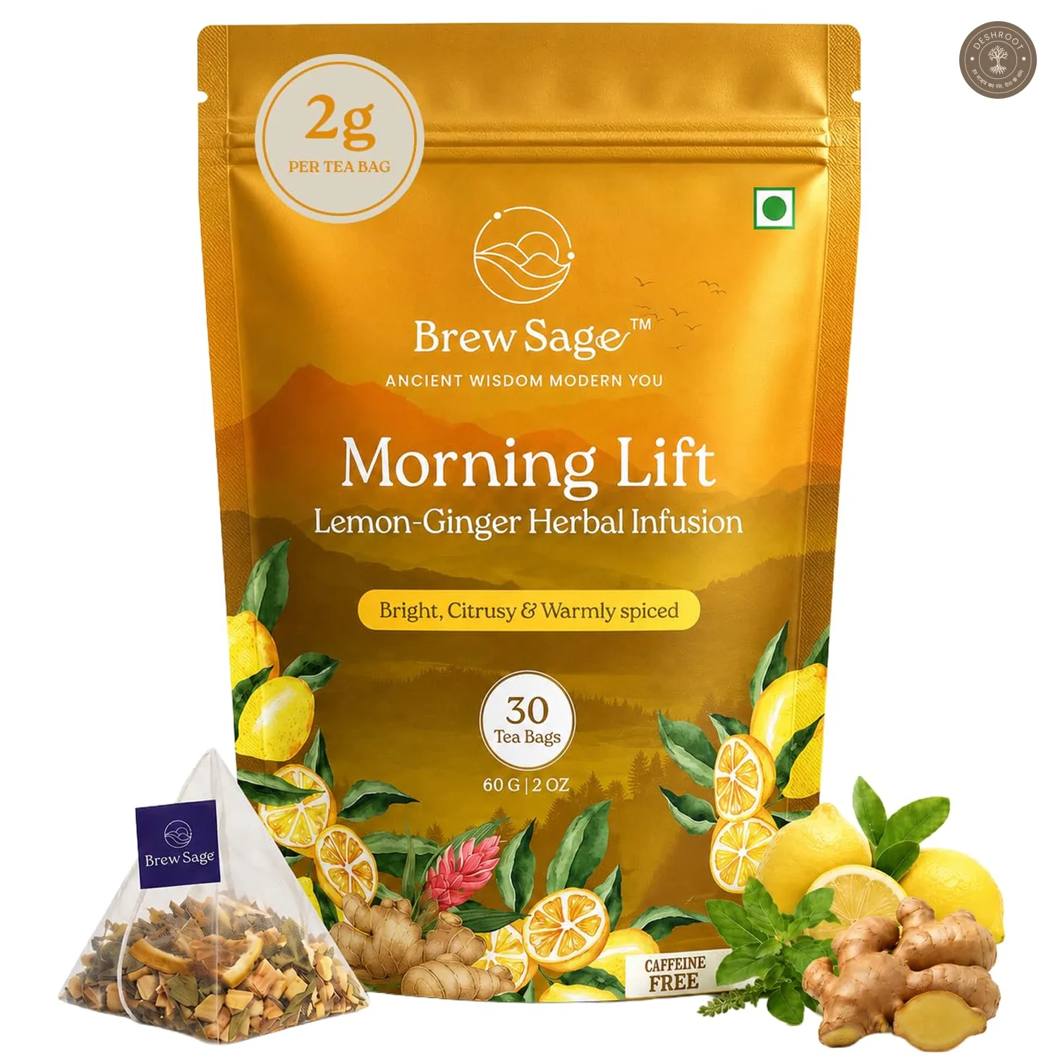 Morning Lift Lemon Ginger Tulsi Herbal Tea Bags