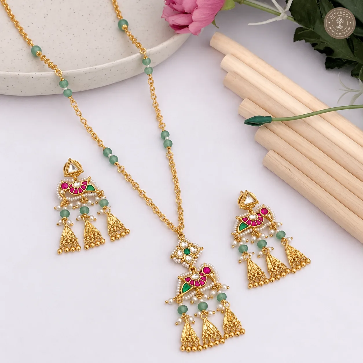 Royal Pachi Kundan Green Beaded Necklace Set with Matching Earrings