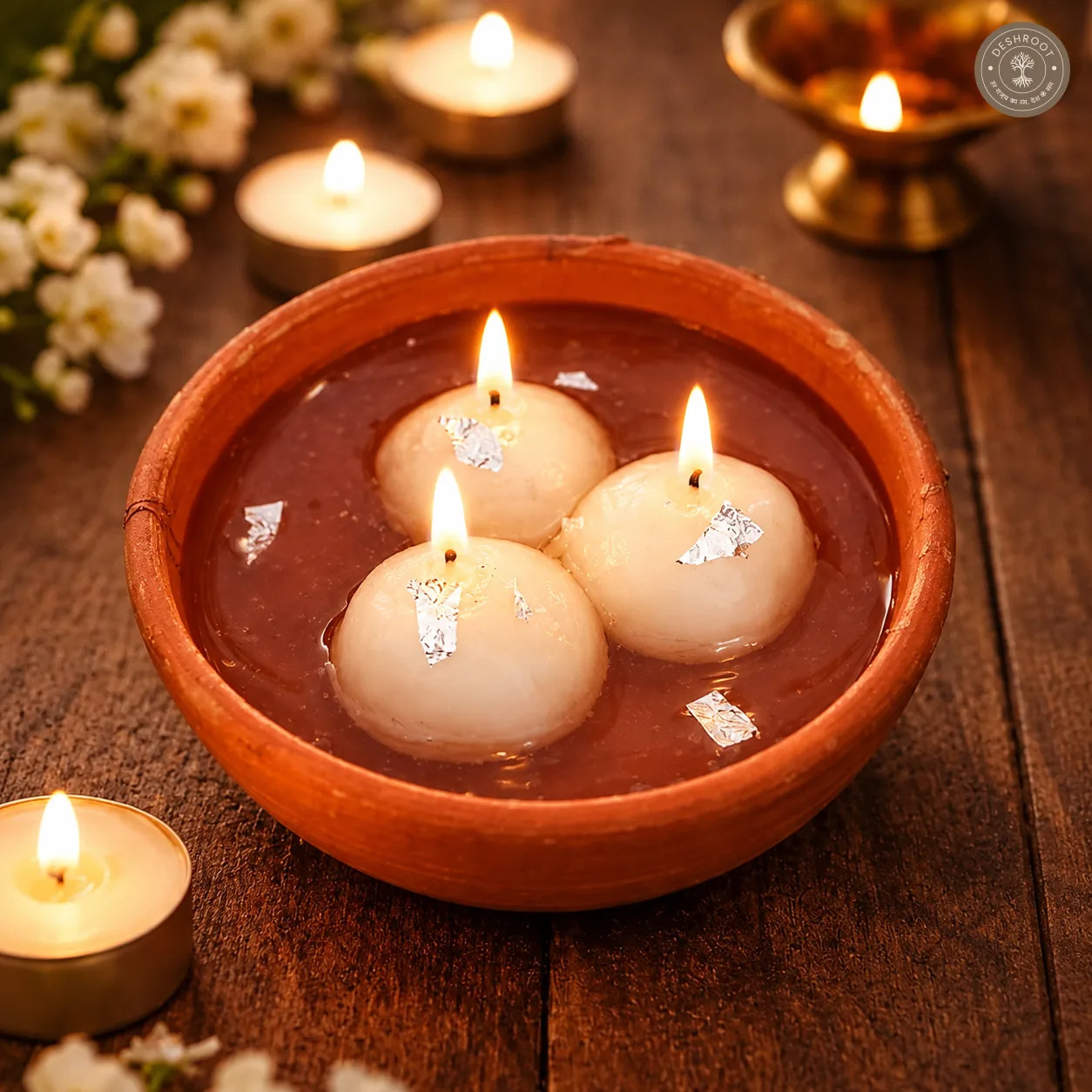 Rasgulla Candle in Terracotta Diya - Set of 3 Handmade Soy & Gel Wax Decorative Candles