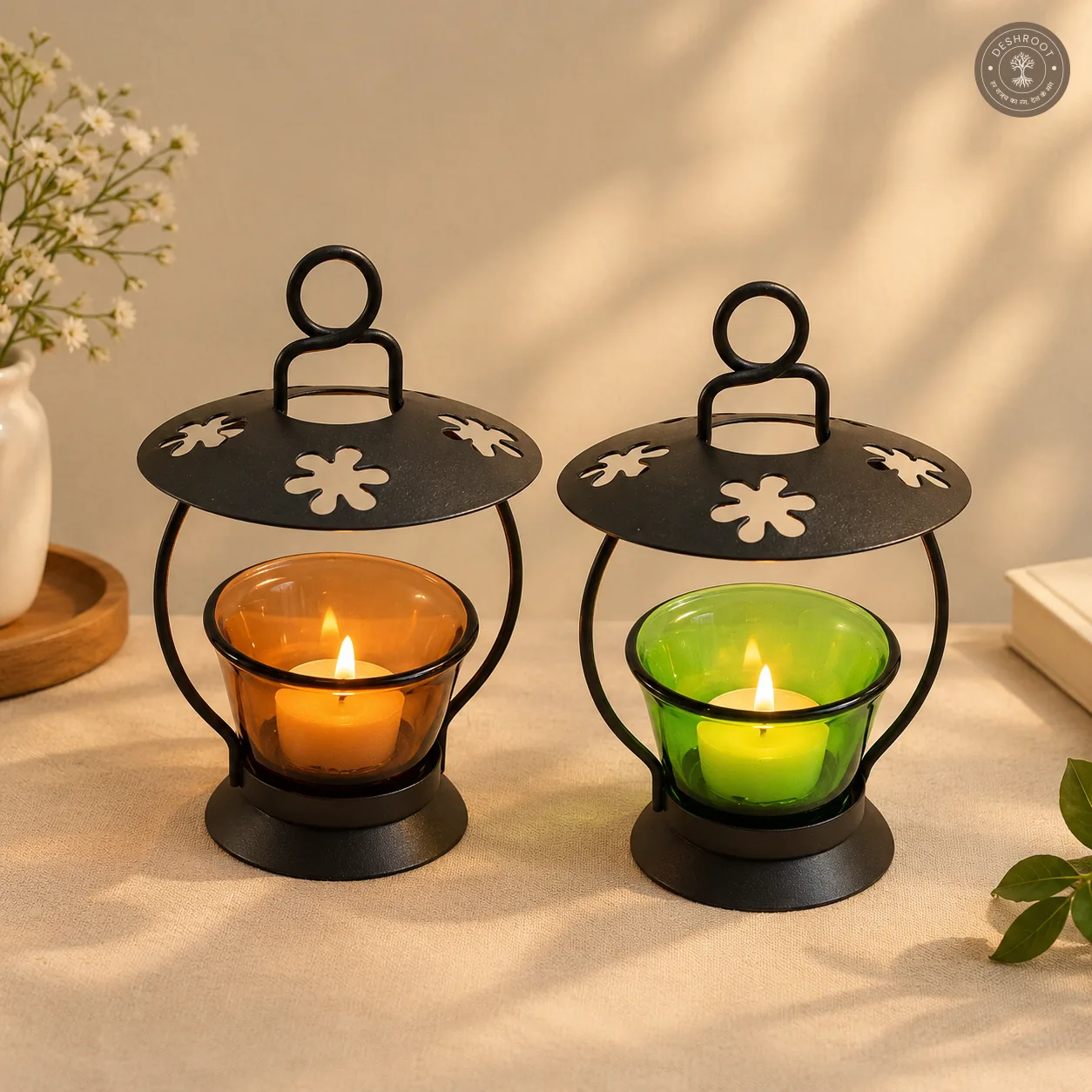 Floral Cutwork Iron Tealight Candle Holder Set of 2