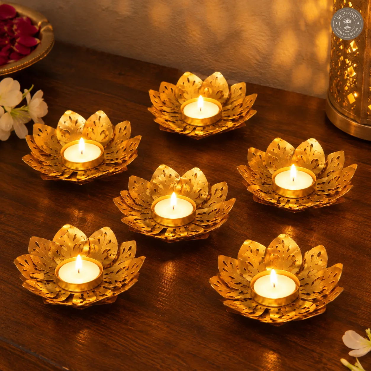 Golden Iron Lotus Flower Tealight Candle Holder with Wax Candle