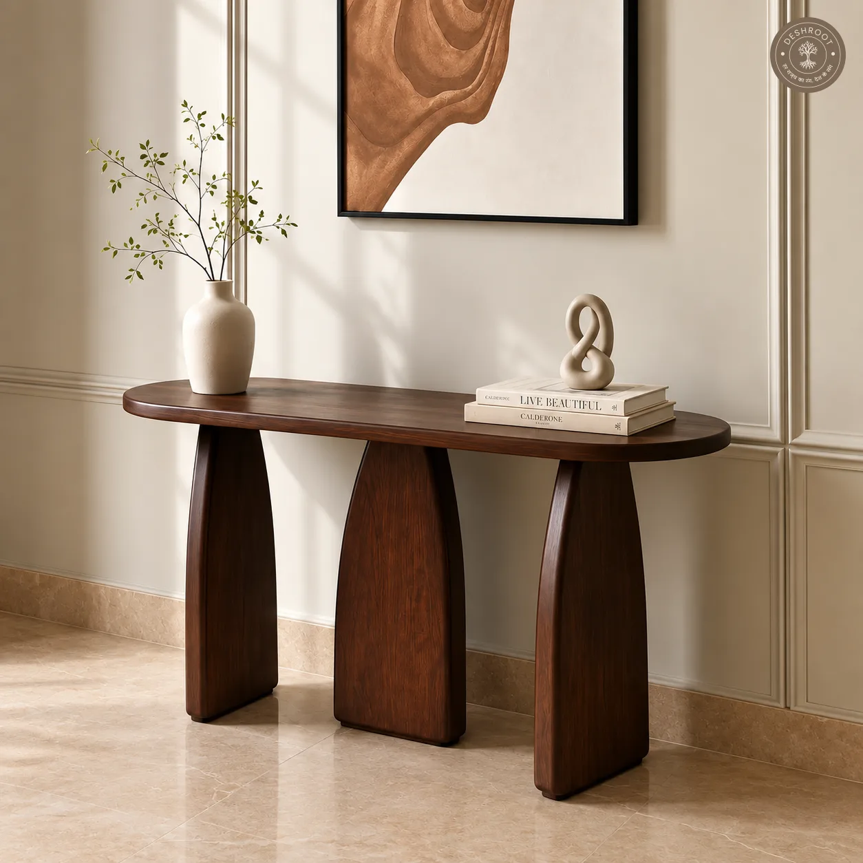 Modern Tri-Pedestal Walnut Console Table