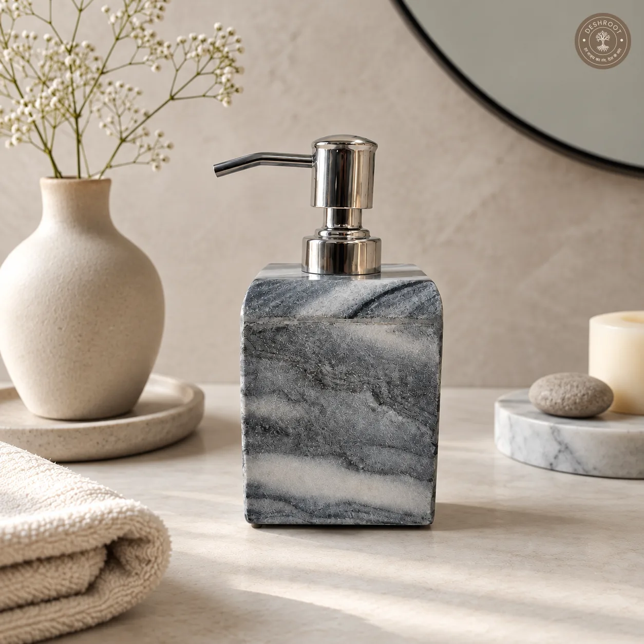 Premium Grey Marble Soap Dispenser - Handcrafted Agra Natural Marble Liquid Soap Pump with Stainless Steel Dispenser for Bathroom & Kitchen Décor