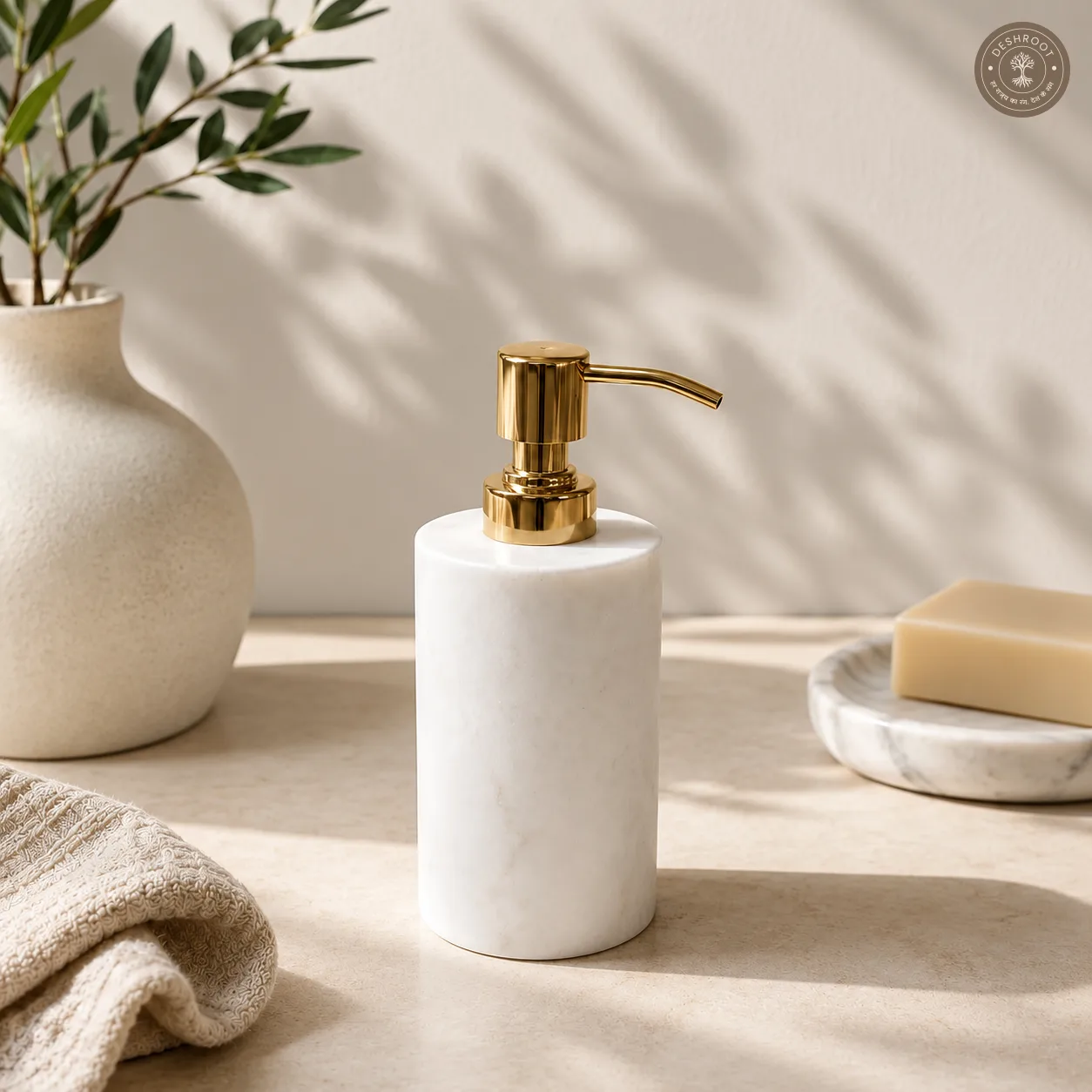 Premium White Marble Soap Dispenser with Gold Pump - Handcrafted Agra Natural Marble Liquid Soap Holder for Bathroom & Kitchen Décor