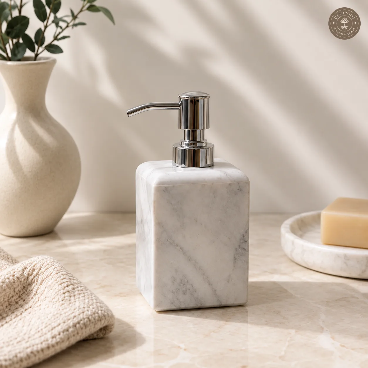 Premium Agra Marble Craft Soap Dispenser - Handcrafted Natural White Marble Liquid Soap Pump with Stainless Steel Dispenser for Bathroom & Kitchen