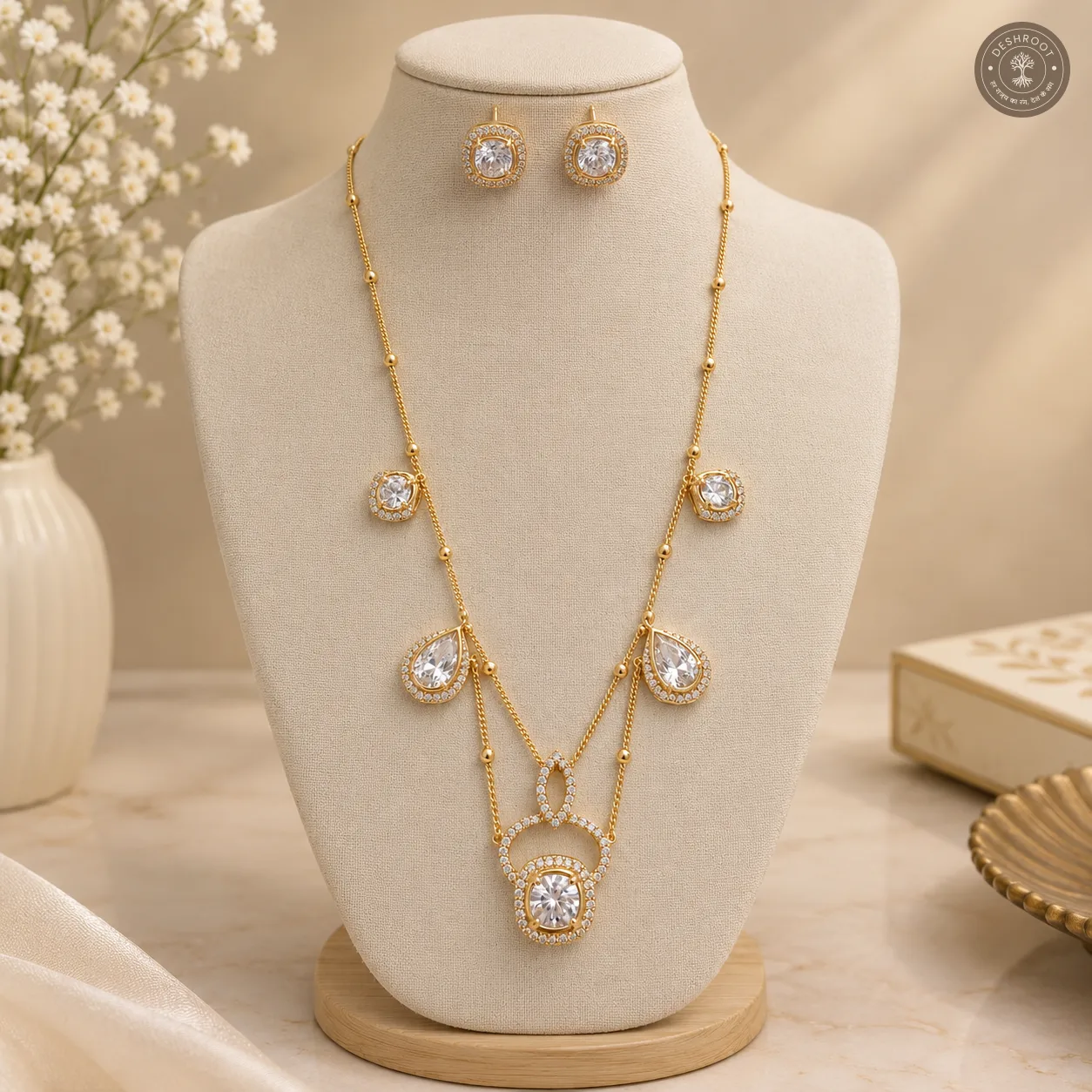 Elegant Gold Tone CZ Layered Necklace & Earring Set
