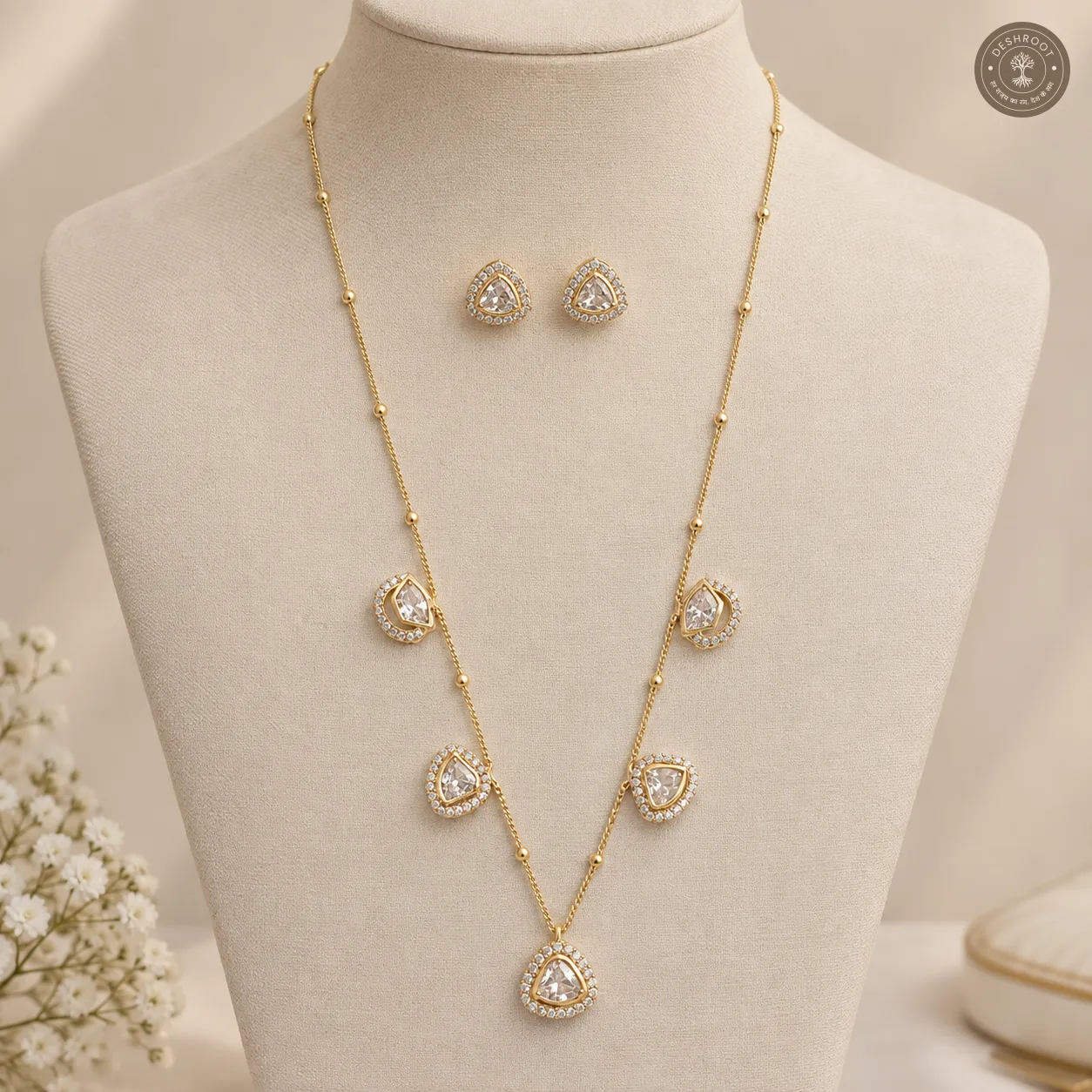 Premium Gold Tone Crystal Triangle Pendant Necklace Set