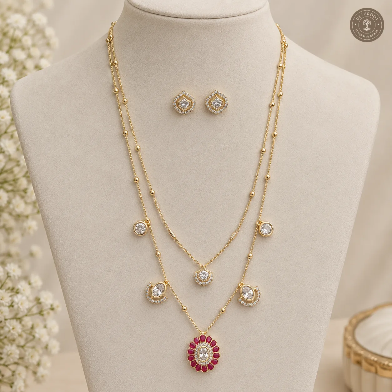 Premium Gold Tone Red Stone Layered Necklace Set
