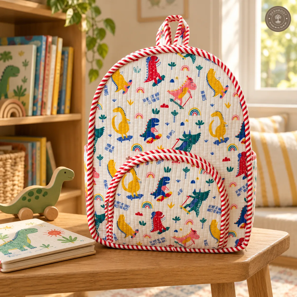 Handcrafted Quilted Dinosaur Print Cotton Kids Backpack – Lightweight School & Travel Bag