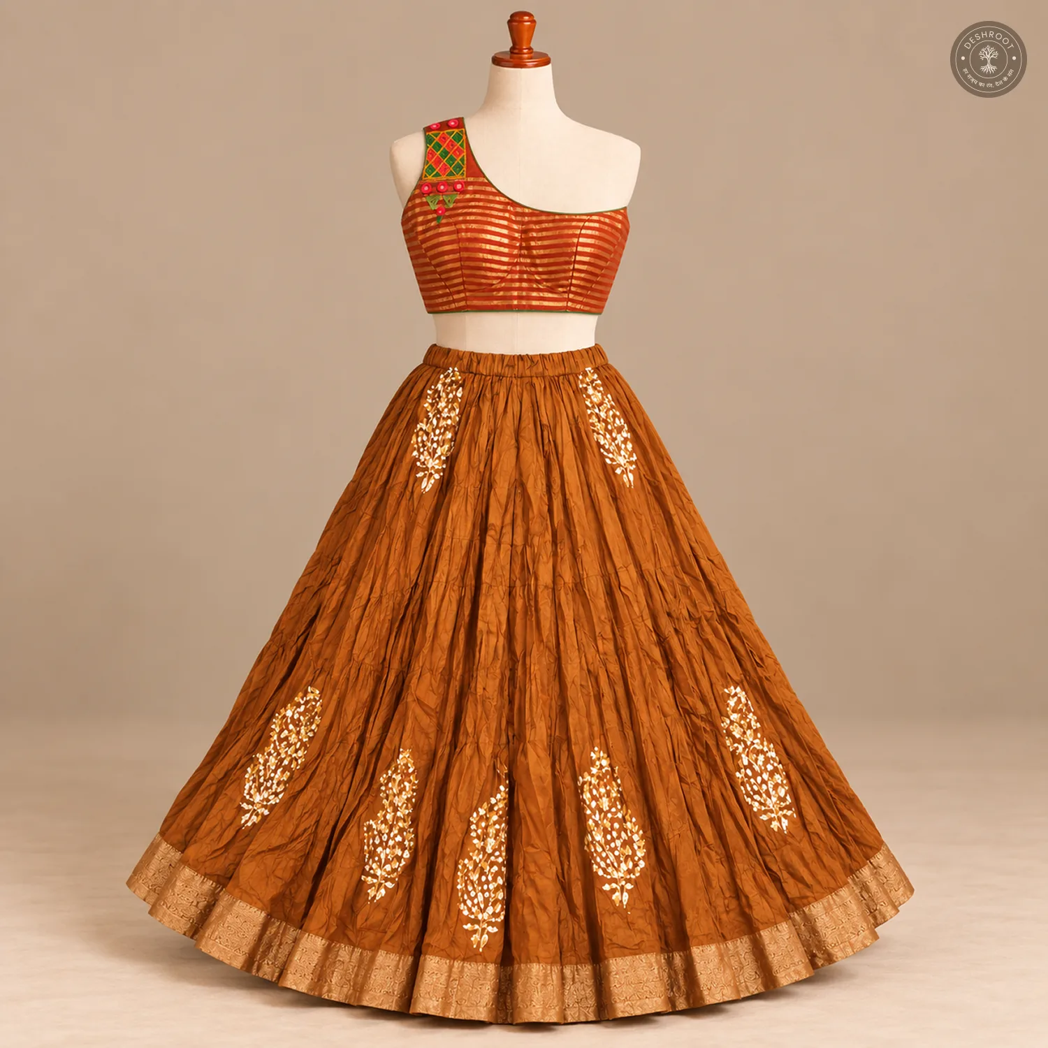 Rust Dola Silk Chaniya Choli Set with One-Shoulder Blouse