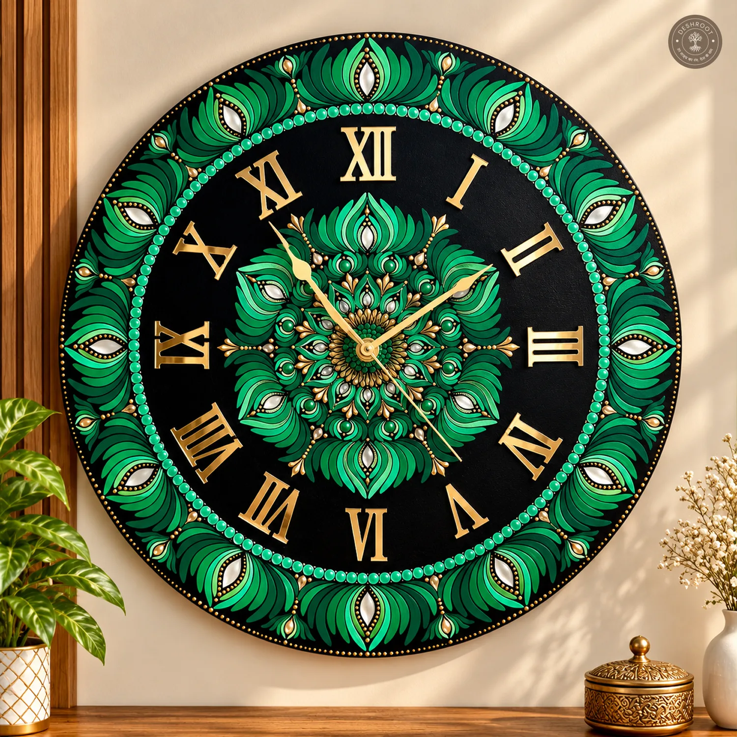 Green Gold Dot Mandala Clock