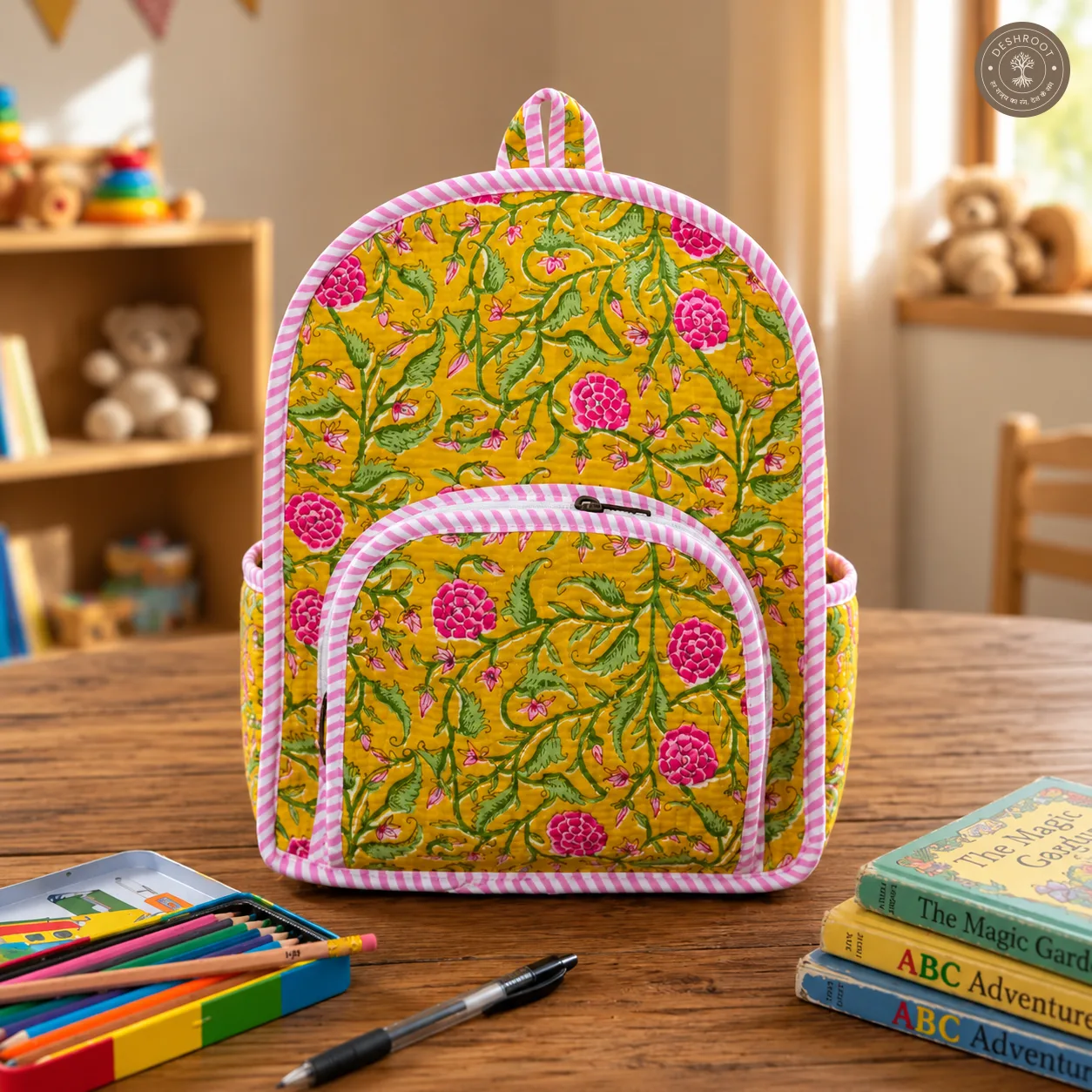 Handcrafted Quilted Yellow Floral Cotton Kids Backpack – Lightweight School & Travel Bag