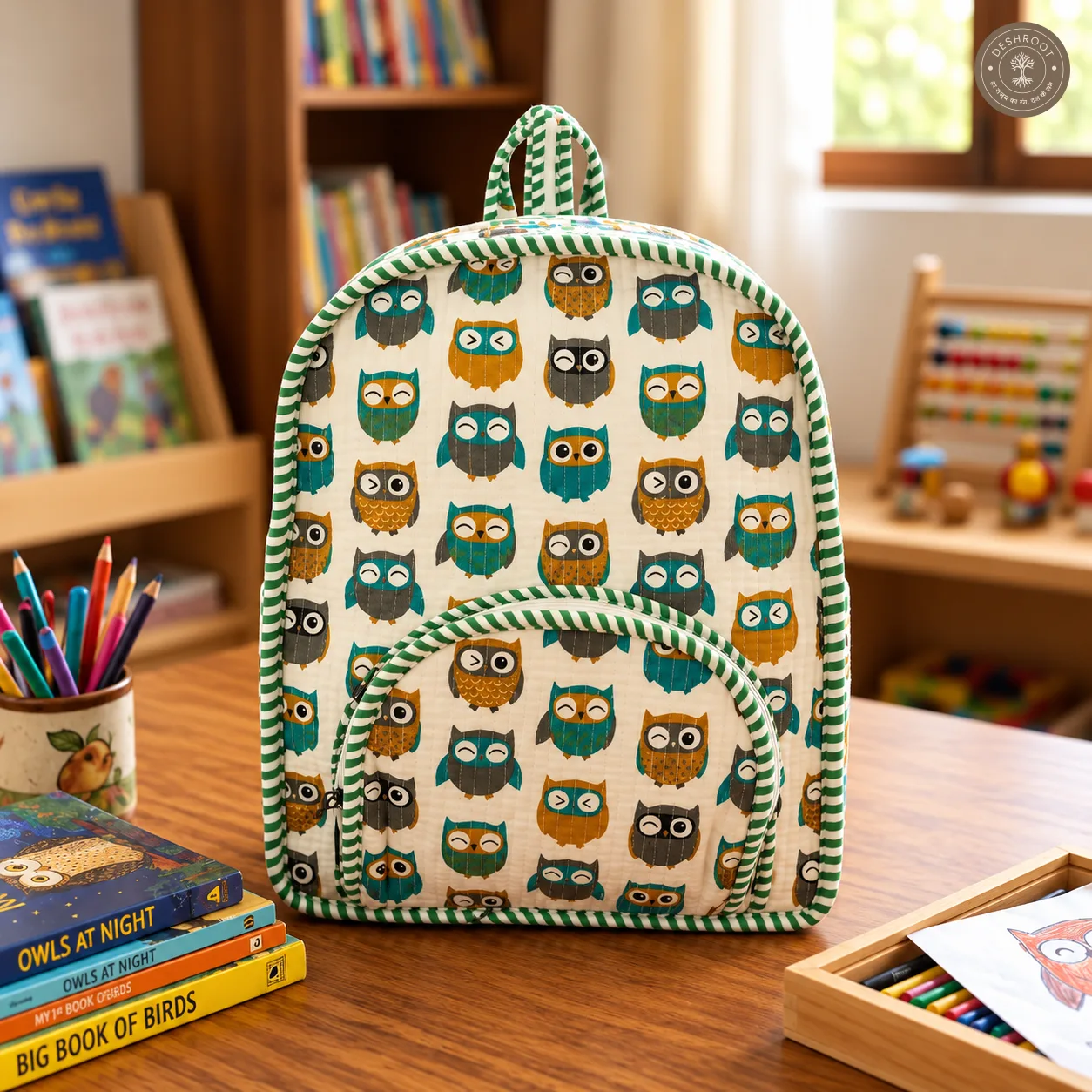 Handcrafted Quilted Owl Print Cotton Kids Backpack – Lightweight School & Travel Bag