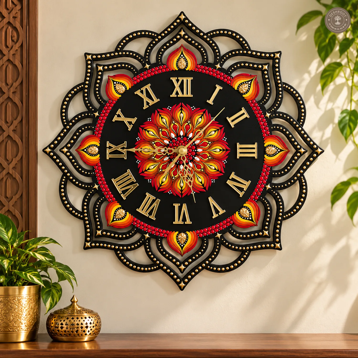 Red Gold Dot Mandala Clock