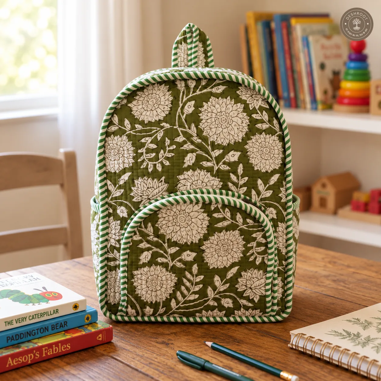 Handcrafted Quilted Olive Green Floral Cotton Kids Backpack - Lightweight School & Travel Bag