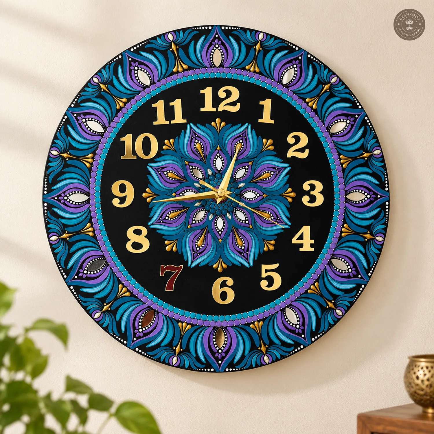 Blue Purple Gold Dot Mandala Clock