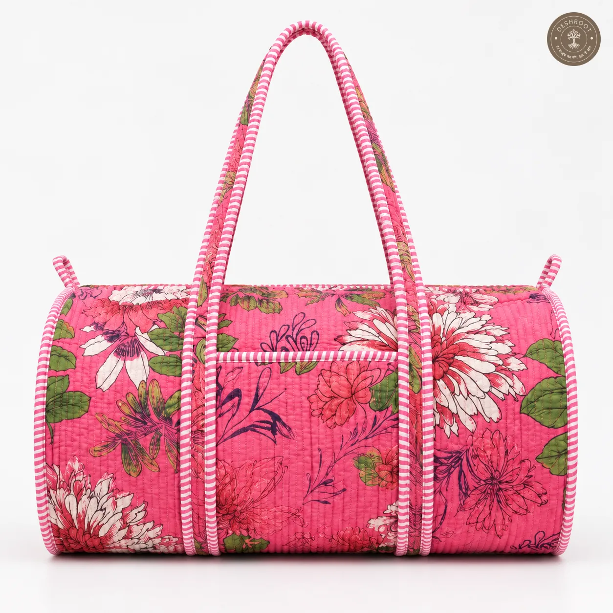 Handcrafted Quilted Pink Floral Cotton Duffel Bag