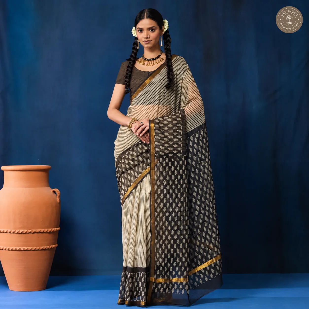 Hand Block Printed Kota Doriya Saree for Women | Lightweight Traditional Indian Saree with Blouse Piece