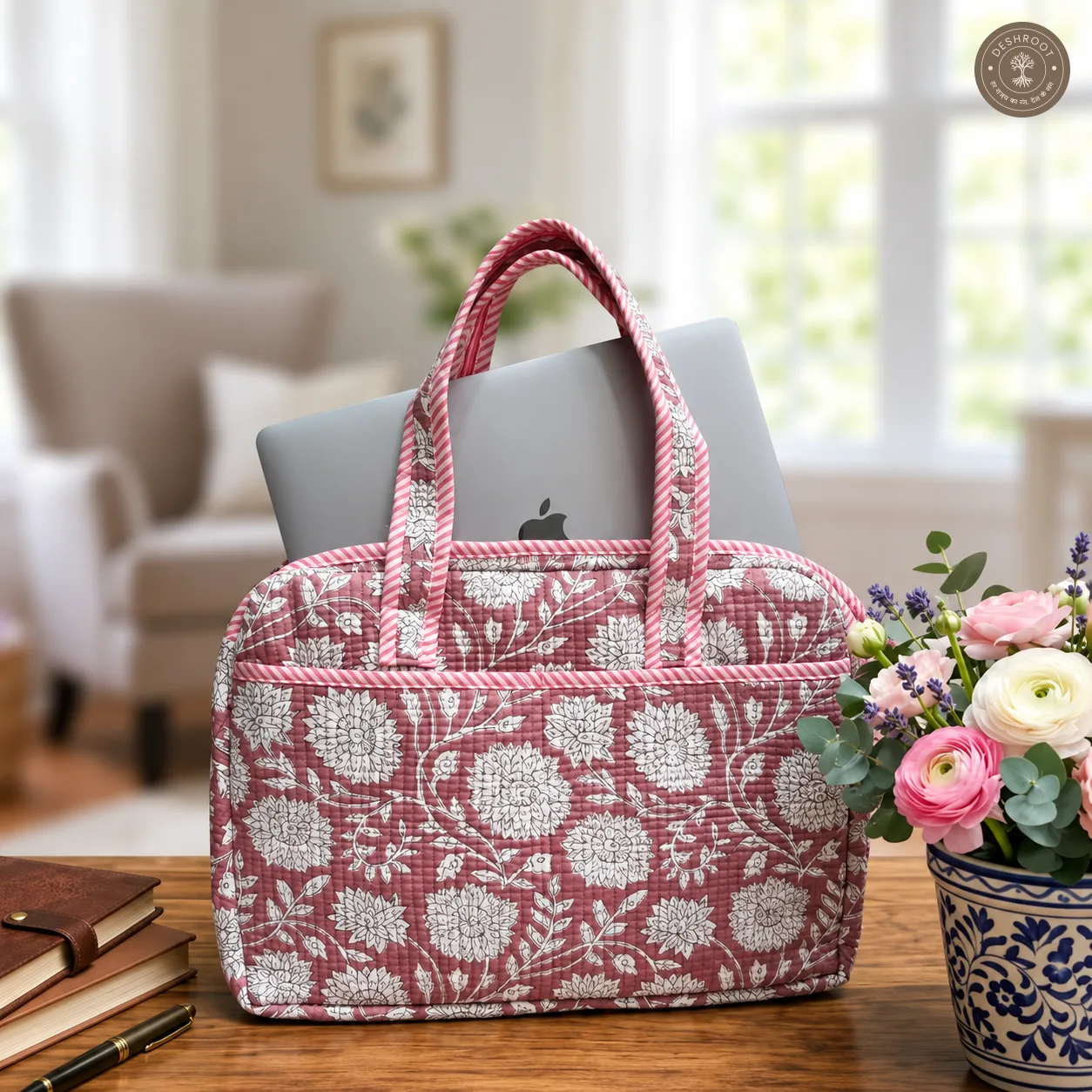 Vintage Rose Quilted Laptop Bag – Handcrafted Floral Cotton Laptop Bag
