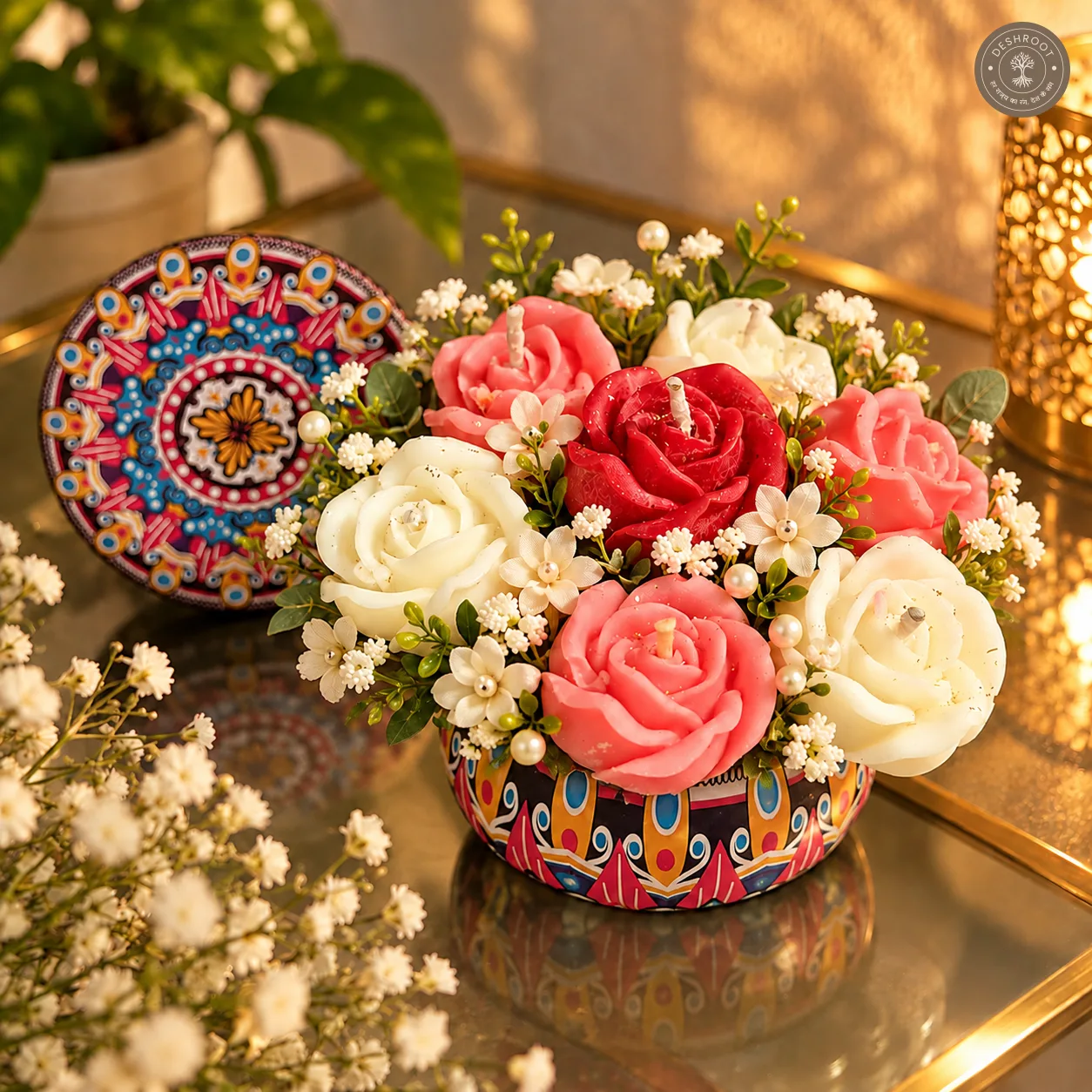 Mini Rose Candle Bouquet – Decorative Flower Candle in Colorful Container | Diwali Gift & Festive Decor
