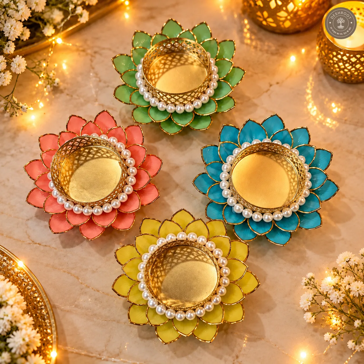 2 pieces of Handcrafted Lotus Diya & Tea Light Holder with Pearl Detailing