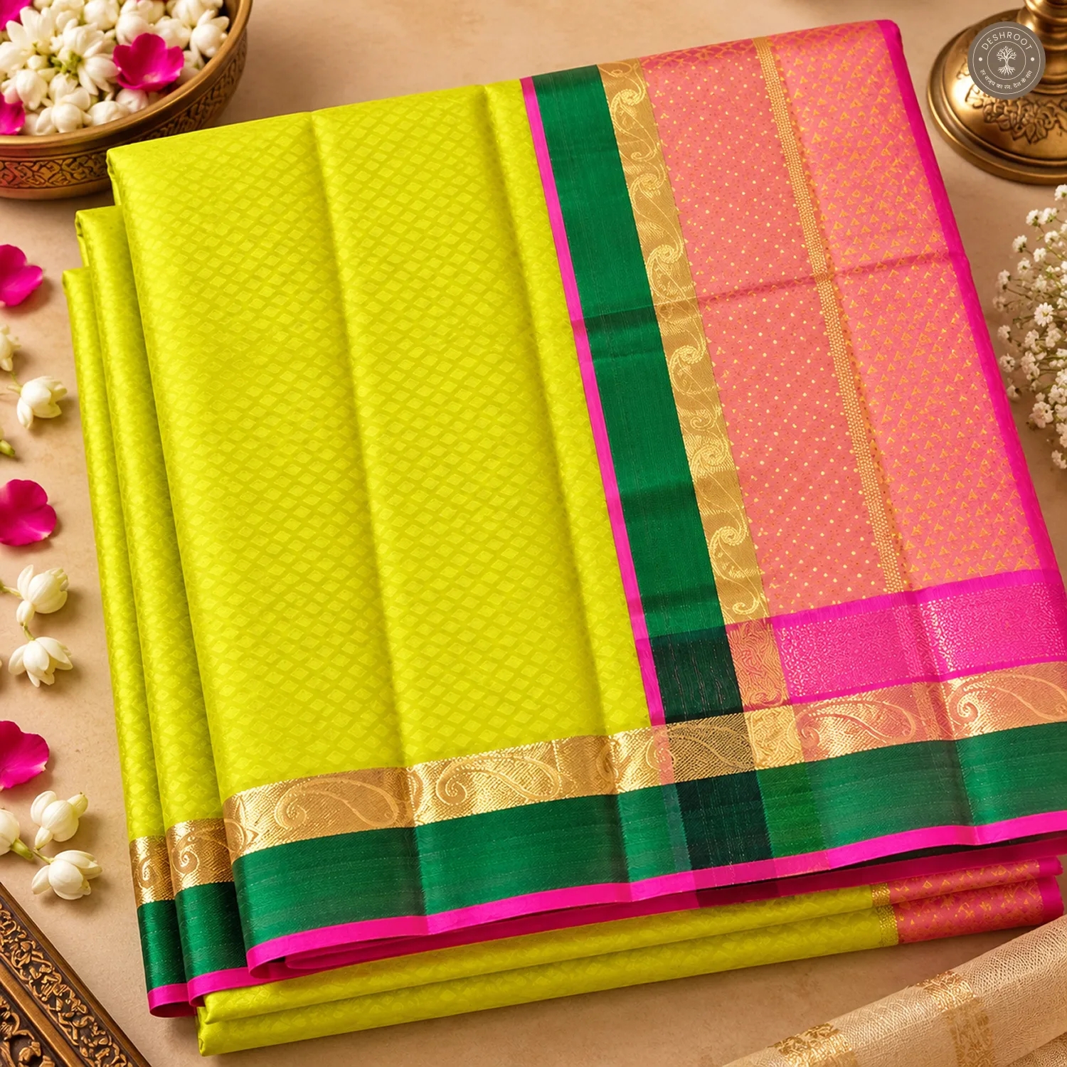 Lime Green Pure Kanchipuram Silk Saree with Zari Paisley Border