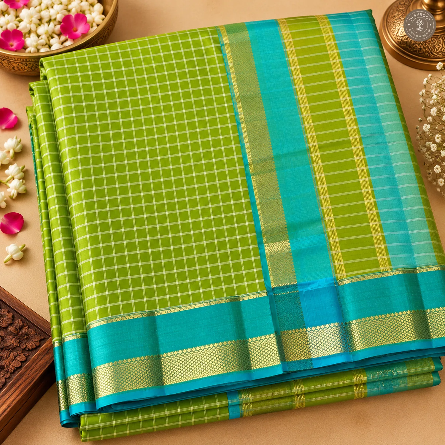 Parrot Green Pure Kanchipuram Silk Saree with Teal Zari Border