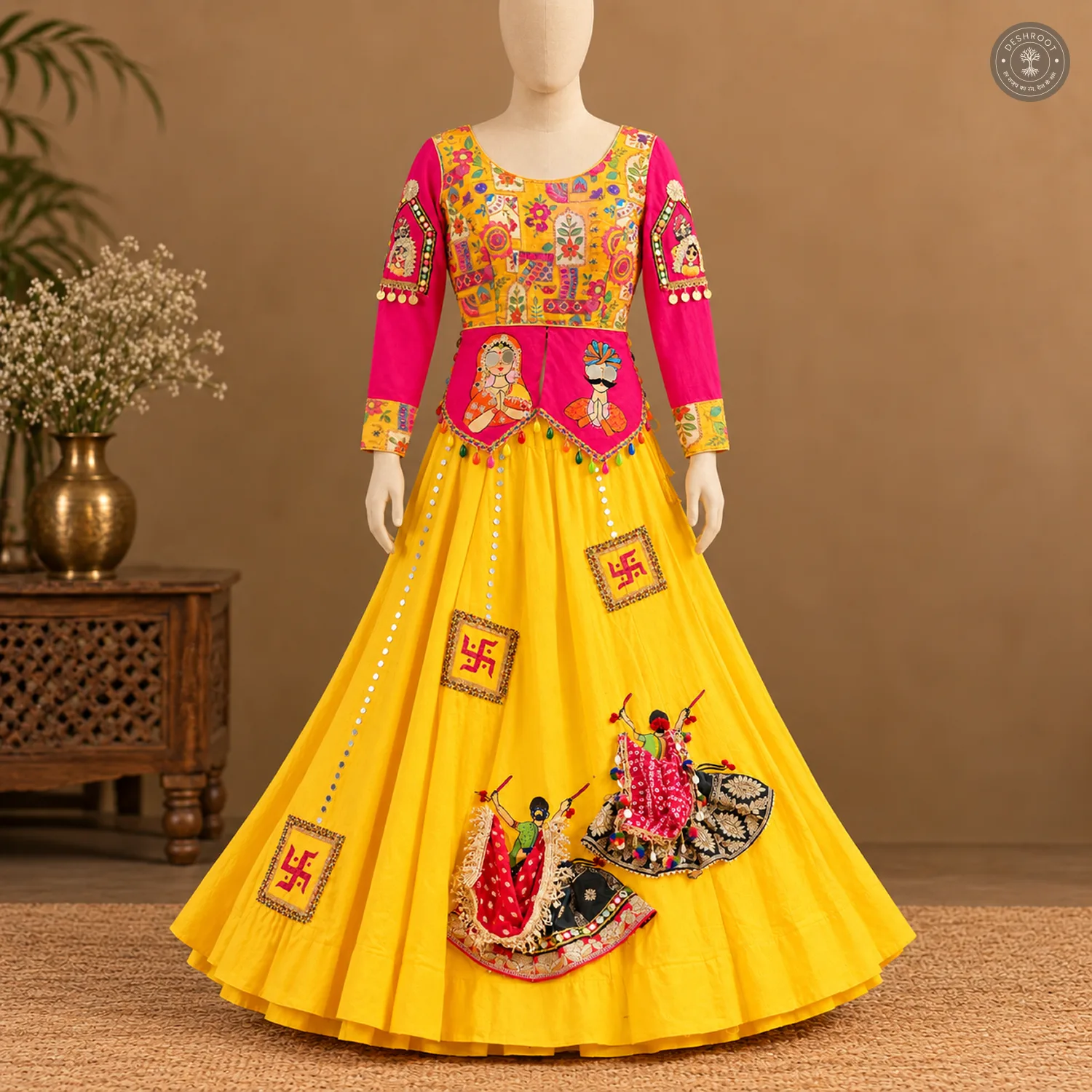 Yellow Cotton Navratri Lehenga Choli with Pink Jacket Blouse