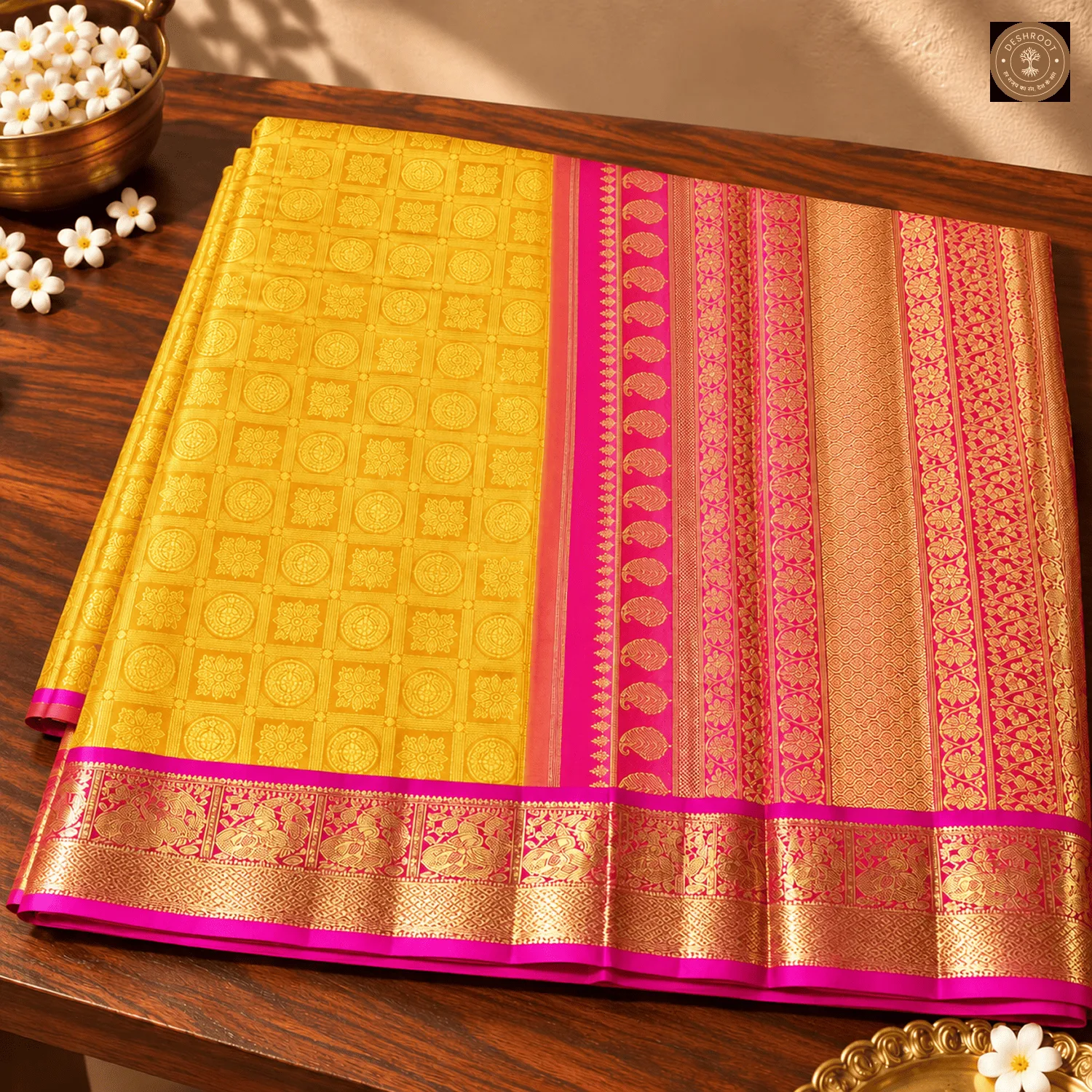 Mustard Yellow Pure Kanchipuram Silk Saree with Pink Zari Brocade Border