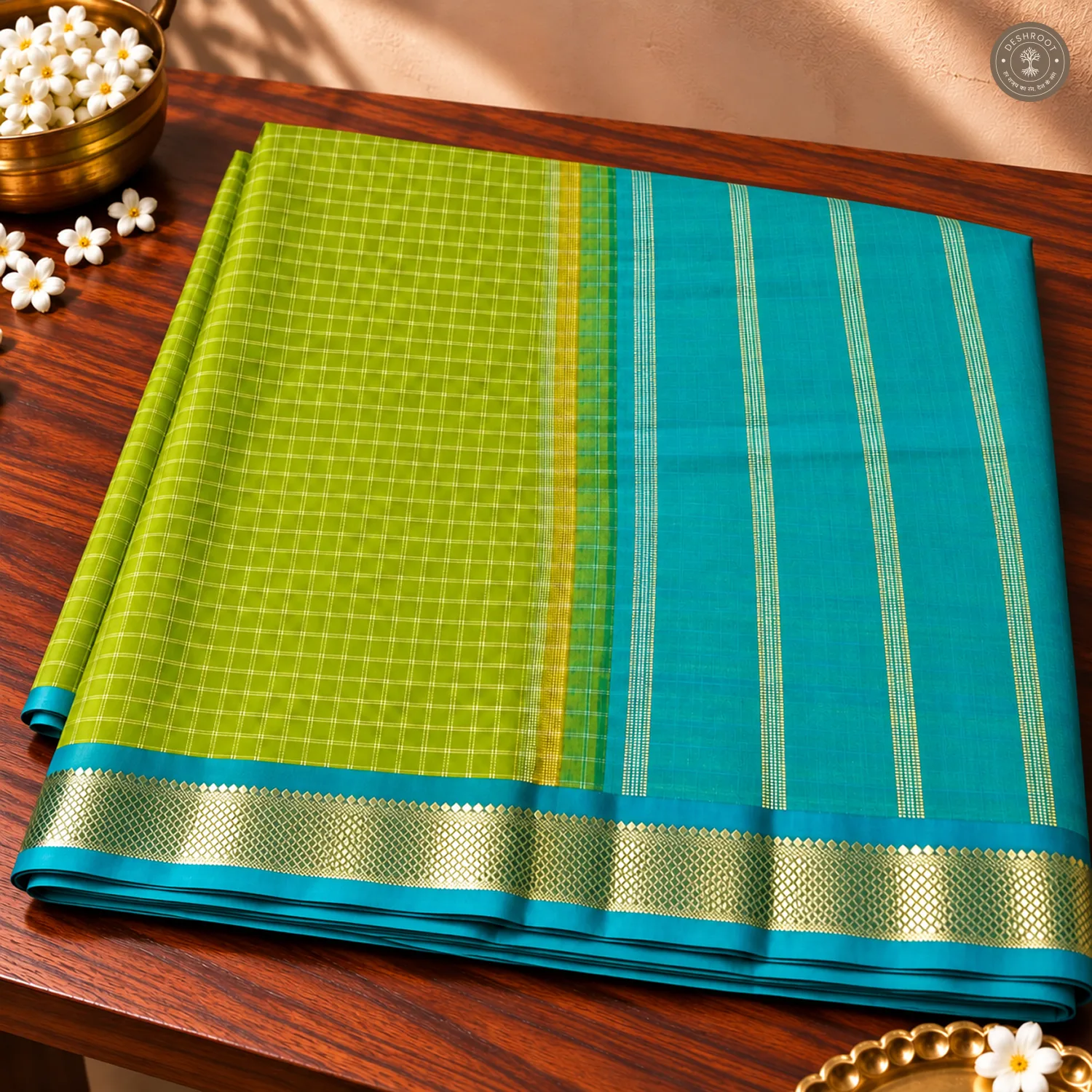 Parrot Green Pure Kanchipuram Silk Saree with Peacock Blue Zari Pallu