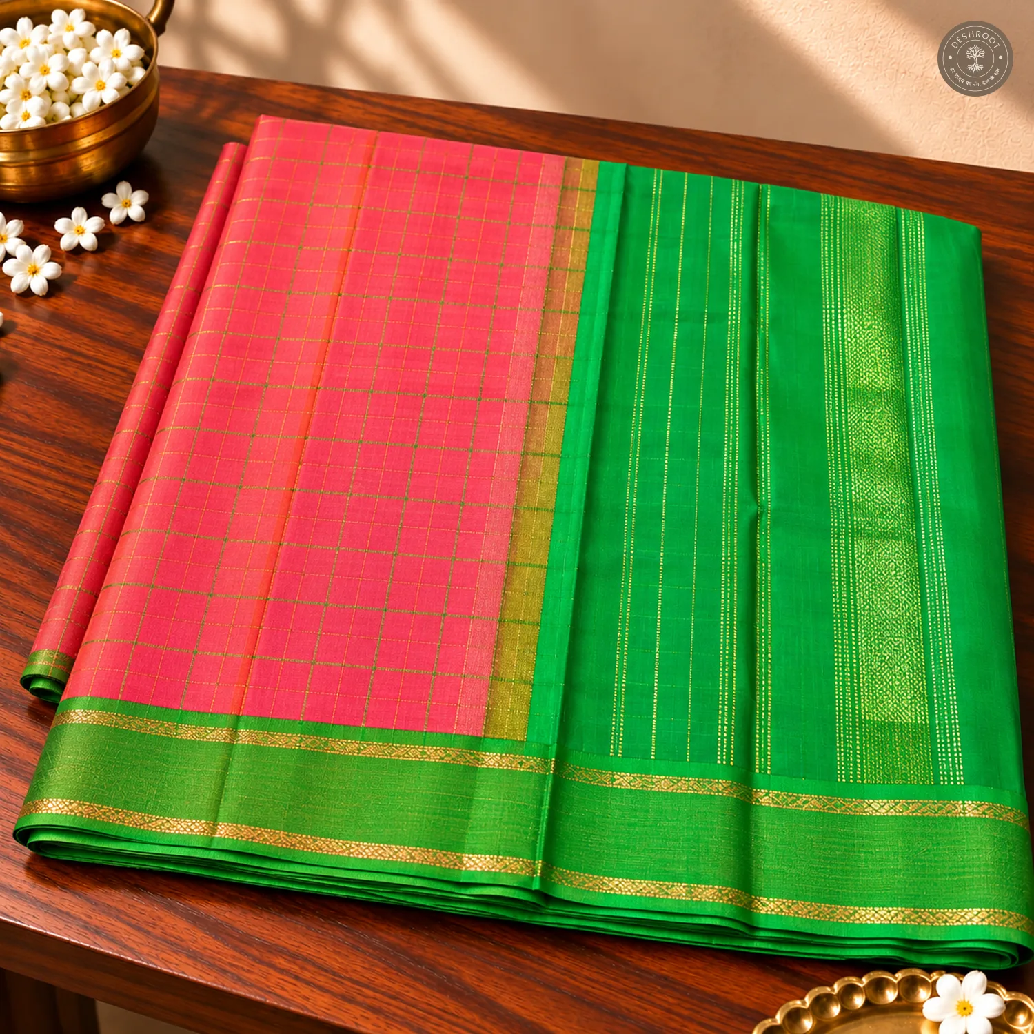 Coral Pink Pure Kanchipuram Silk Saree with Green Zari Pallu