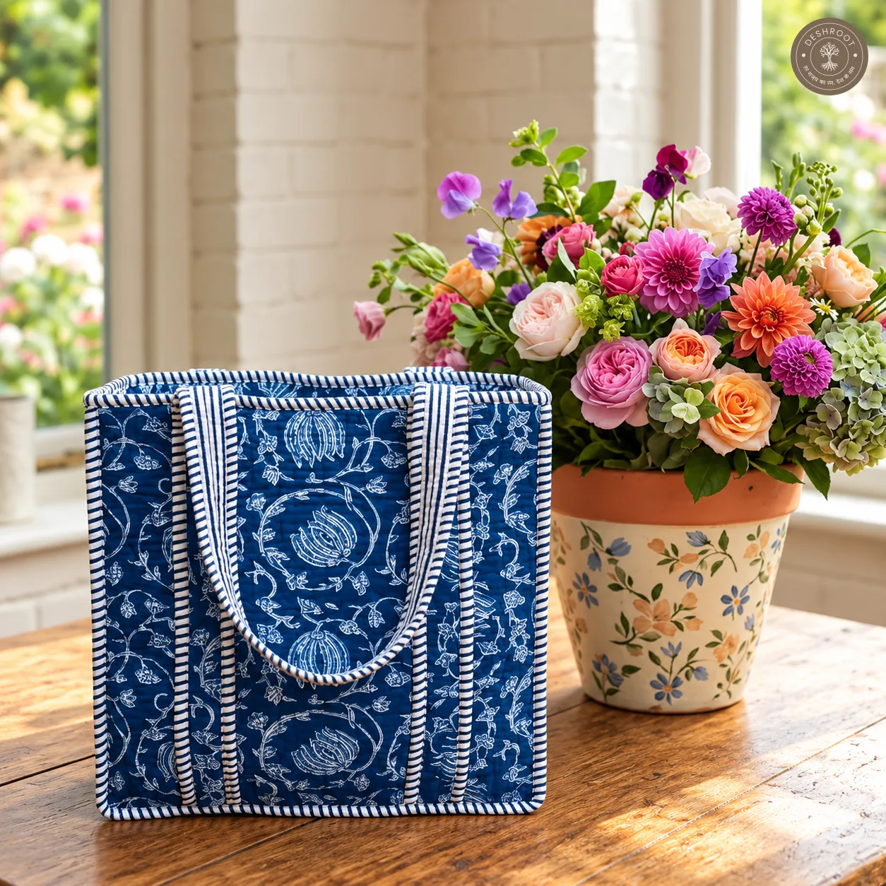 Indigo Floral Quilted Lunch Box Hand Bag